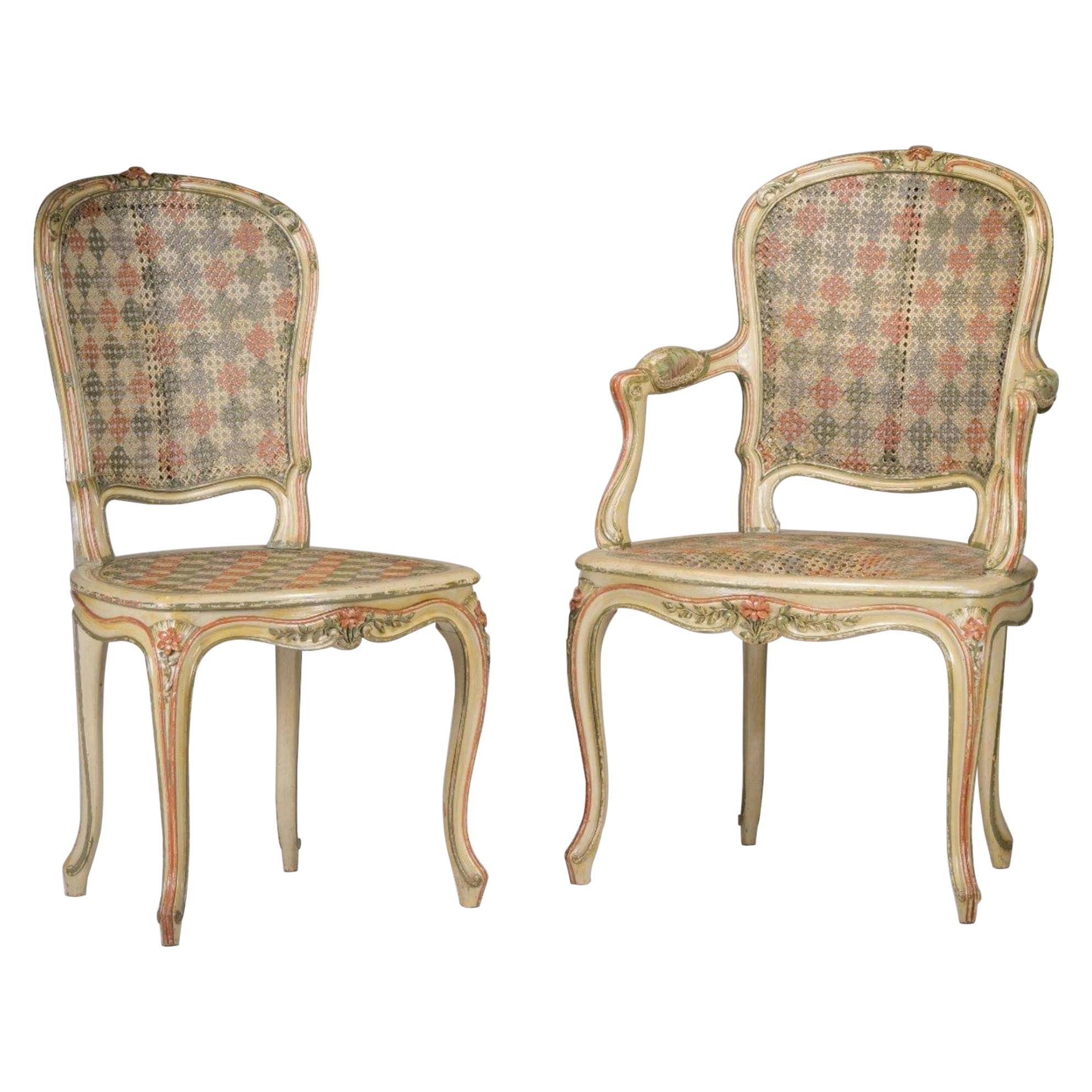 19th Century French Hand Carved Set of Chair and Armchair in Louis XV Style For Sale