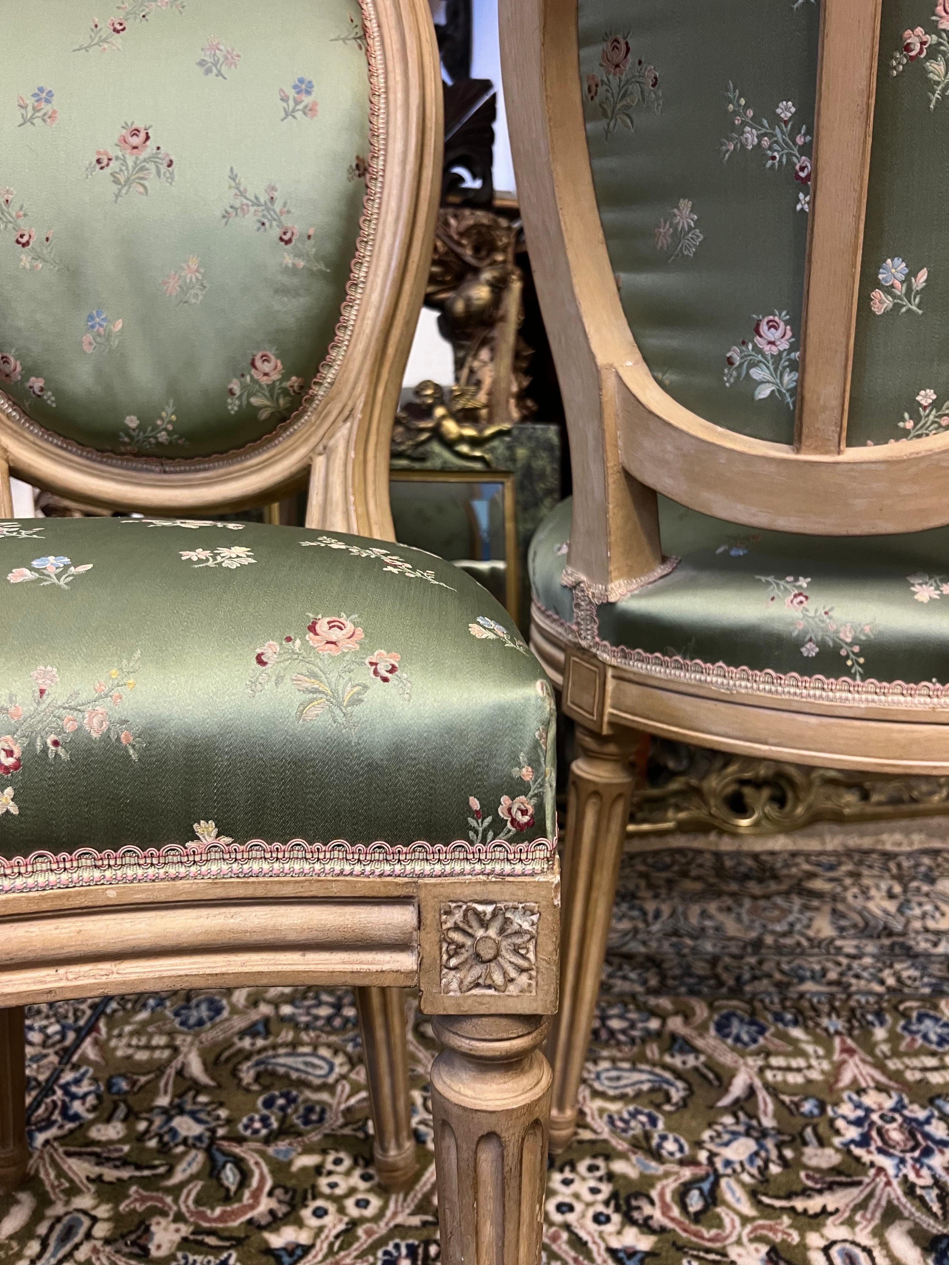 Hand-Painted 19th Century French Hand Carved Side Chairs in Louis XVI Style in Lelievre Silk For Sale
