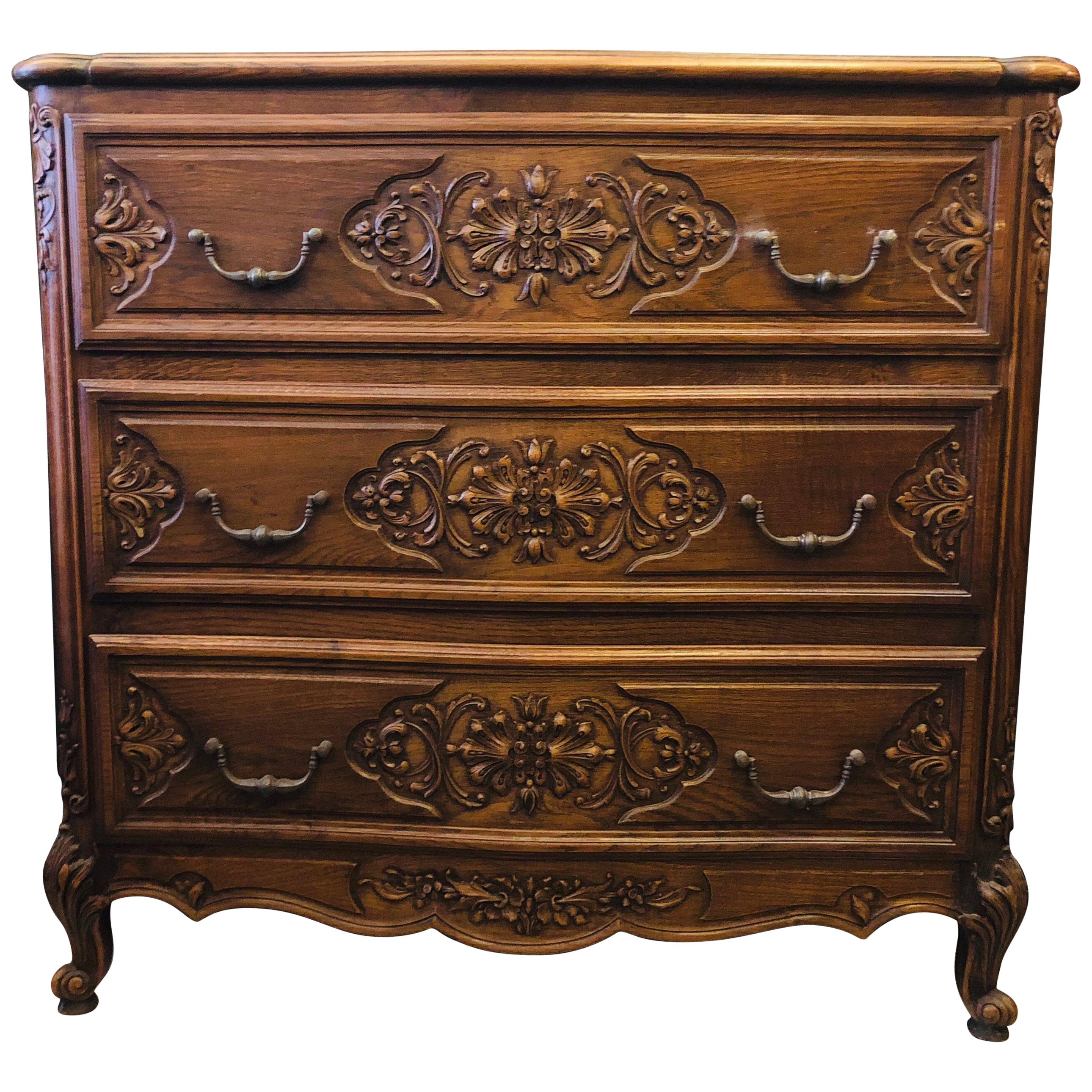 19th Century French Hand Carved Three Drawers Walnut Commode in Louis XV Style