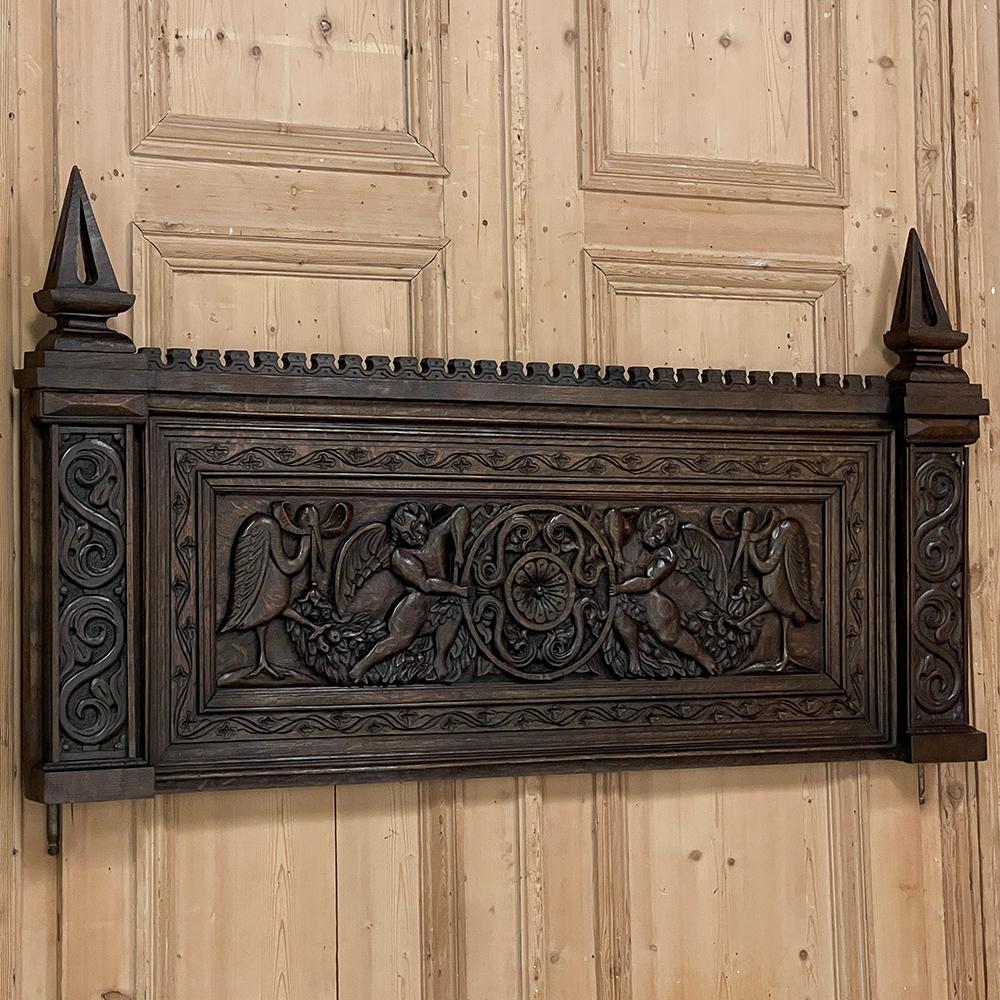 19th century French hand carved wall panel will make a splendid addition to your fireplace mantel, atop a buffet or console, or just as a free hanging decoration! The three dimensionality of the work creates impressive visual appeal. One notices a