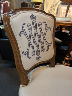 19th Century French Hand Carved Walnut Chair with Linen Upholstery