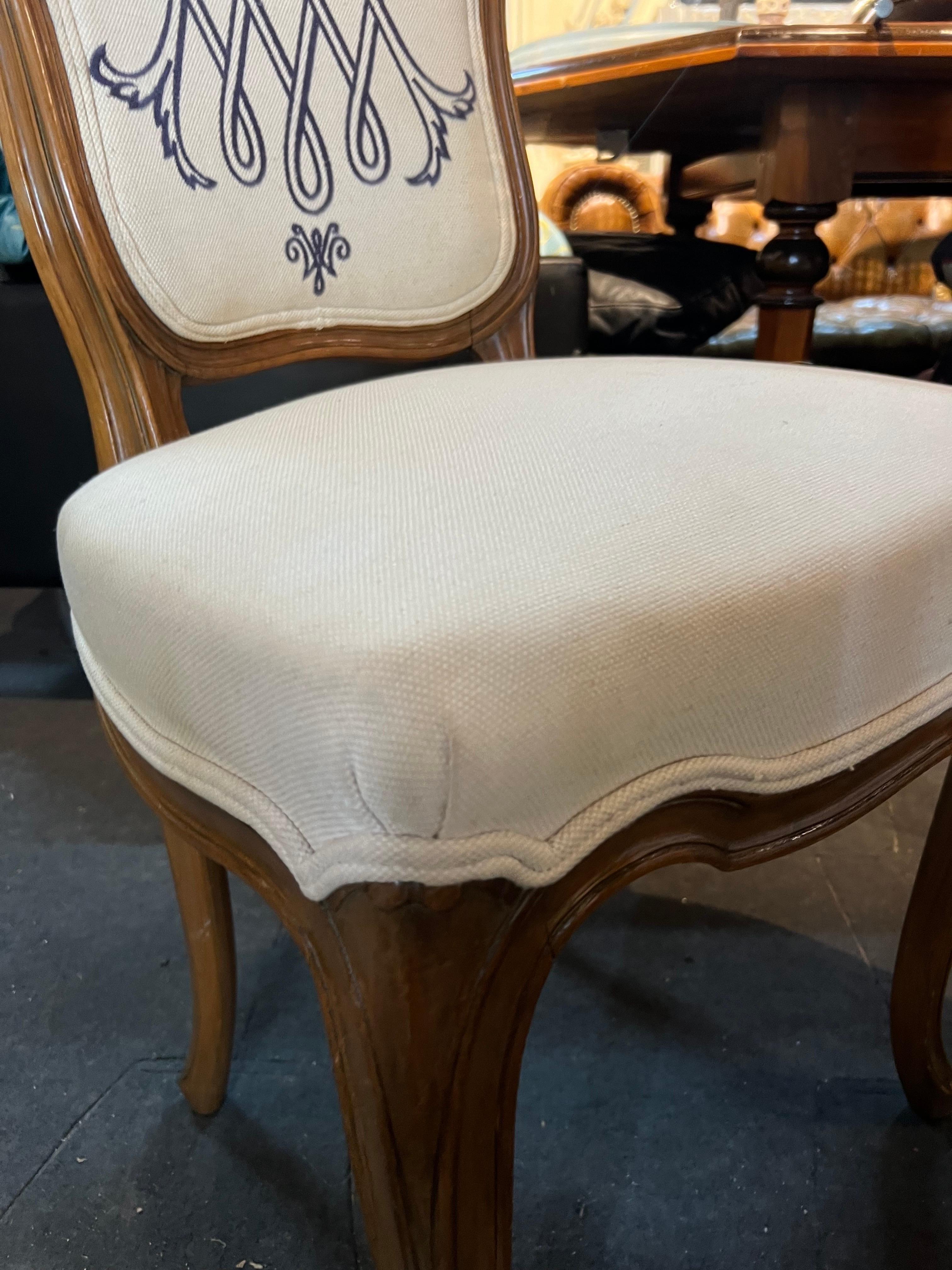 Hand-Carved 19th Century French Hand Carved Walnut Chair with Linen Upholstery For Sale