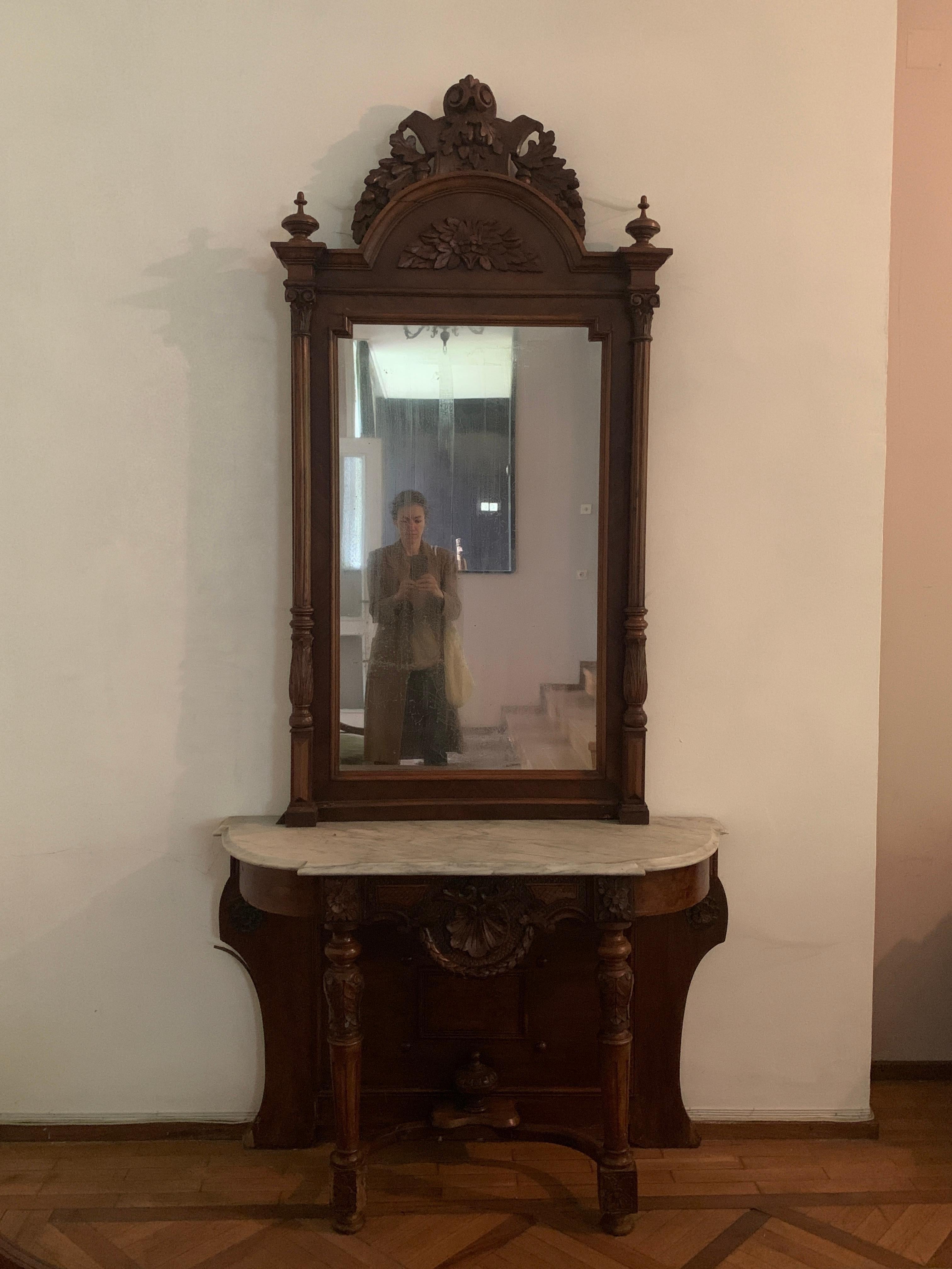 Hand-Carved 19th Century French Hand Carved Walnut Marble-Top Console Mirror