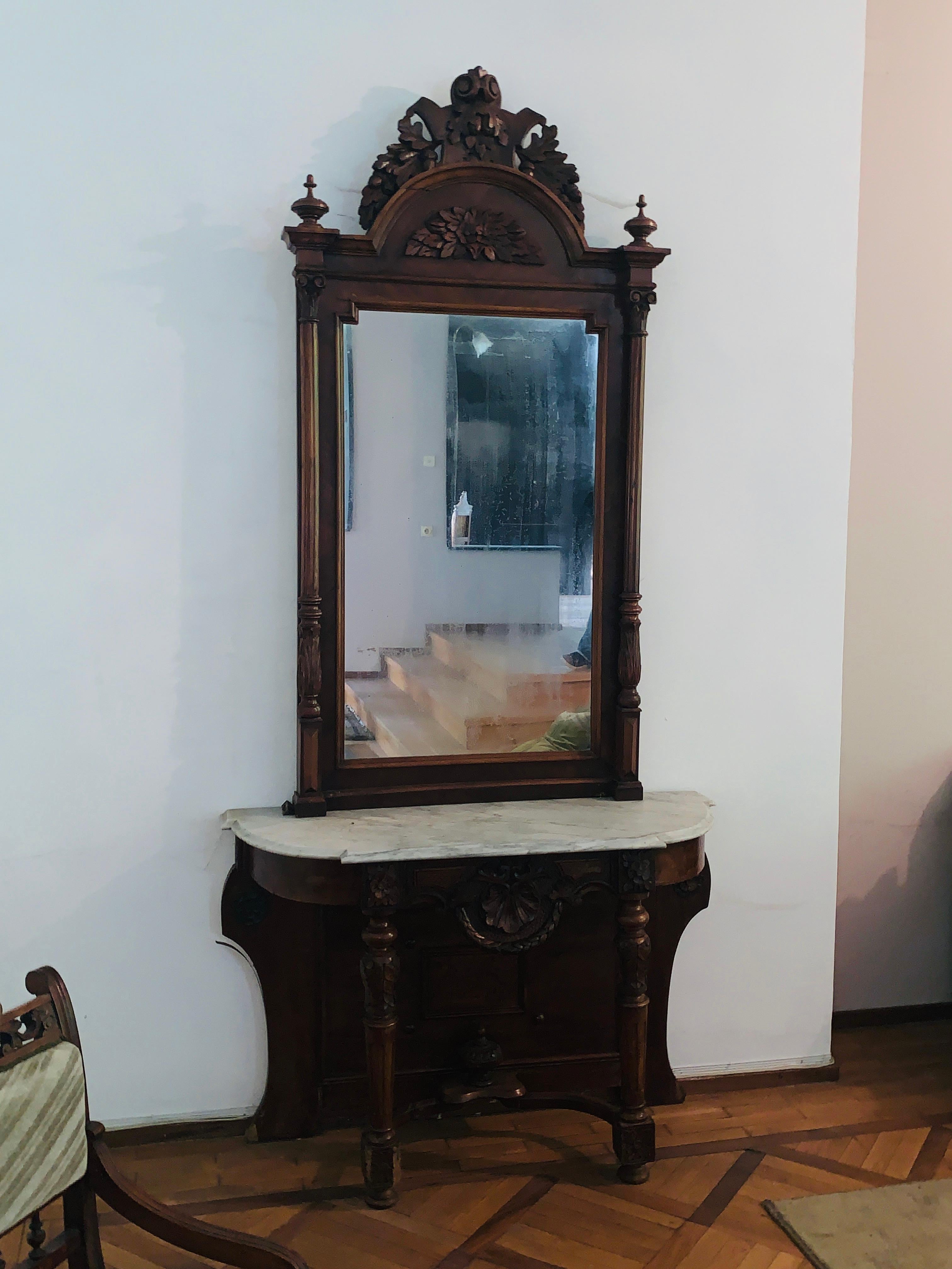19th Century French Hand Carved Walnut Marble-Top Console Mirror 3