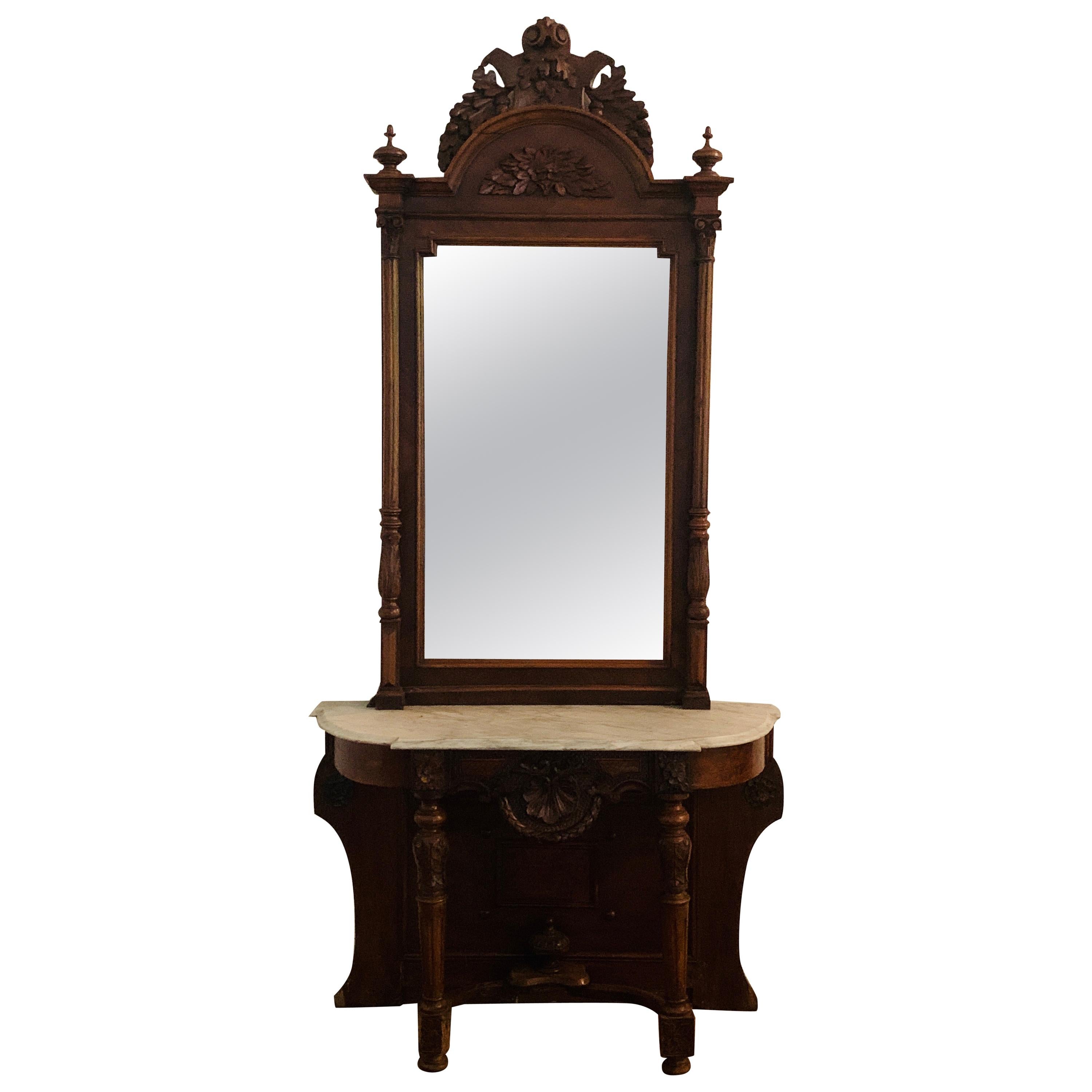 19th Century French Hand Carved Walnut Marble-Top Console Mirror