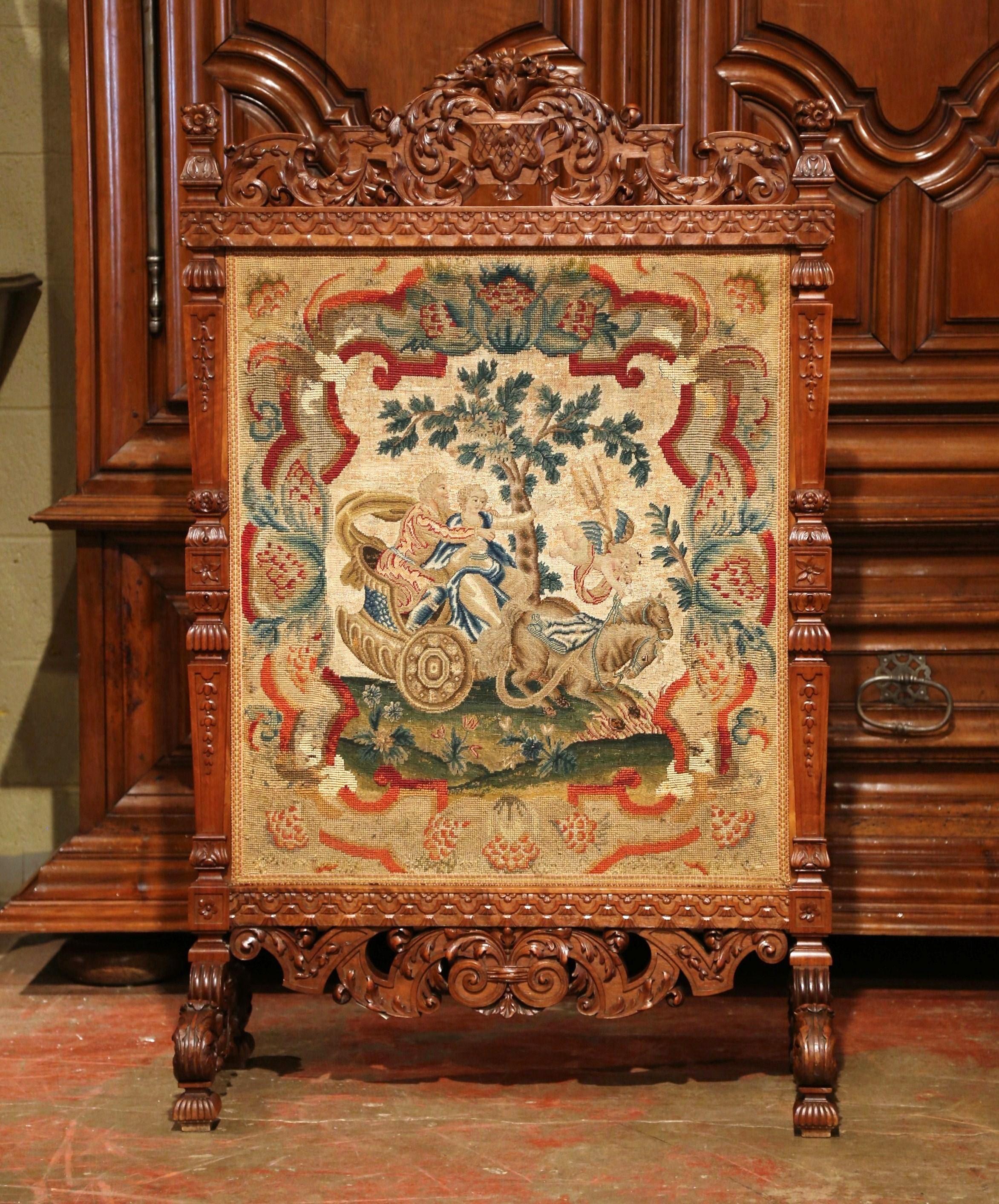 Hand-Carved 19th Century French Louis XIV Carved Walnut Needlepoint Fireplace Screen
