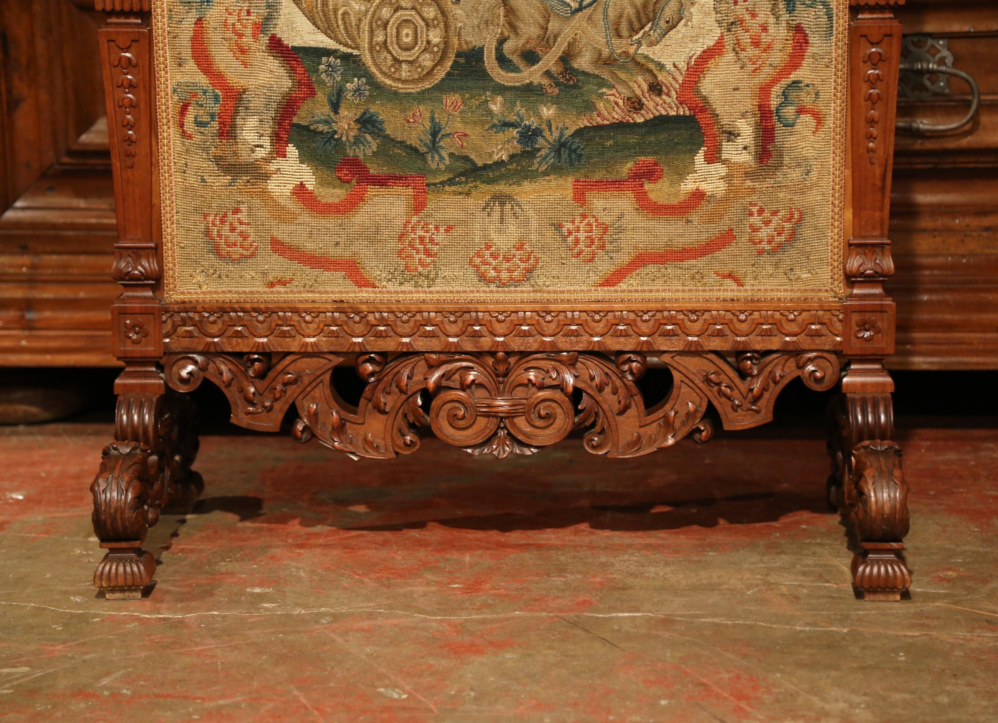 Tapestry 19th Century French Louis XIV Carved Walnut Needlepoint Fireplace Screen