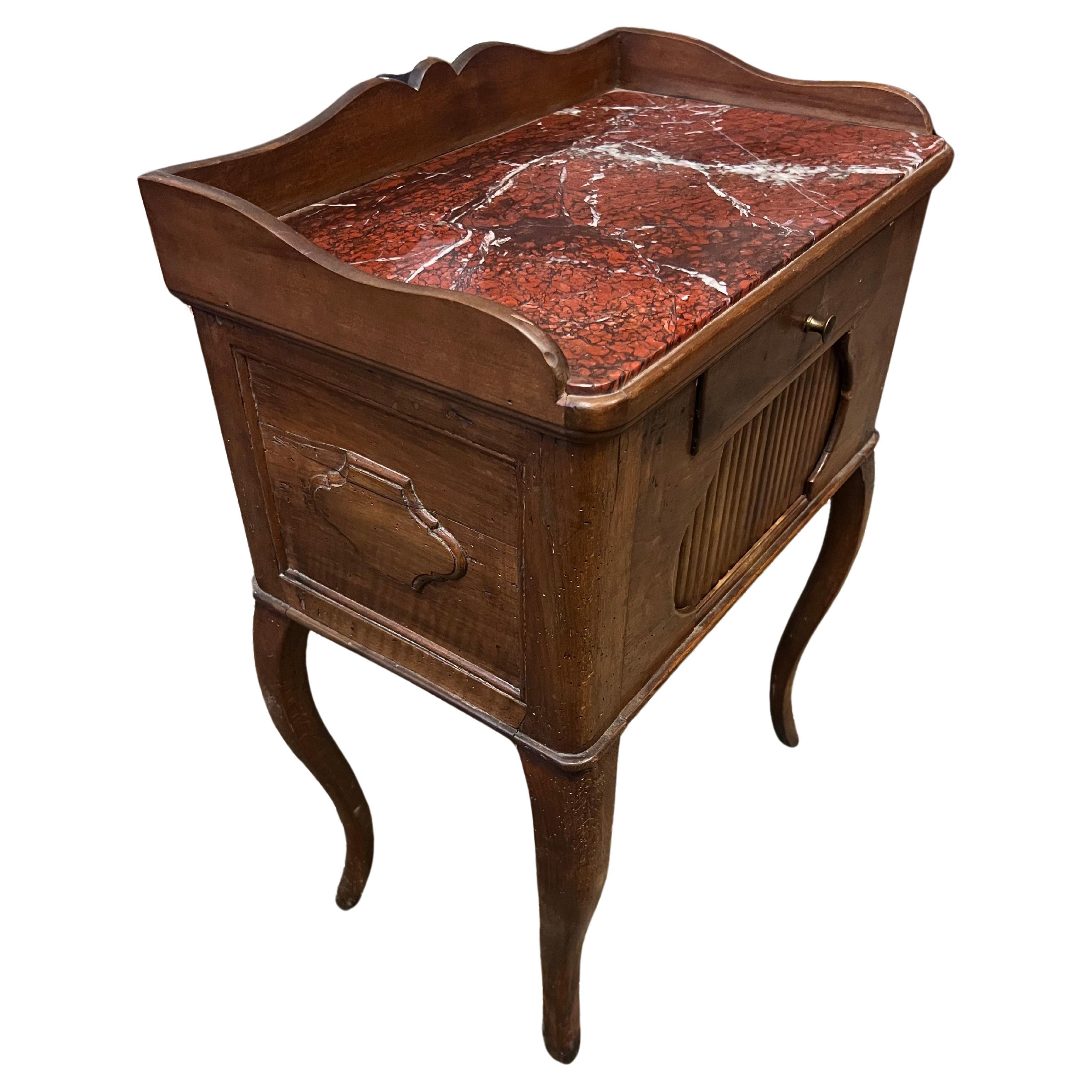 19th Century French Hand Carved Walnut Night Stand with Marble Top