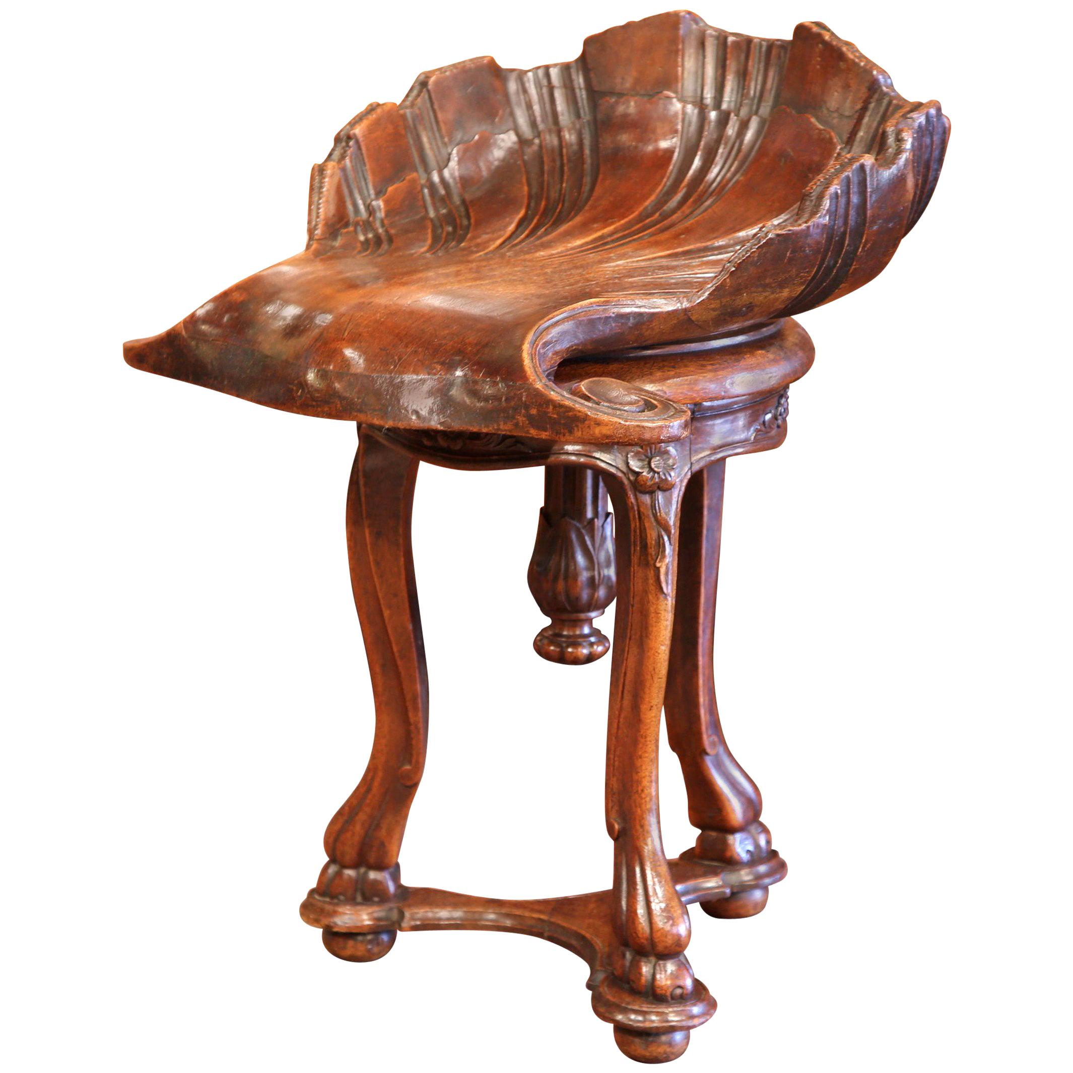 19th Century, French Hand Carved Walnut Piano Grotto Stool with Shell Motif