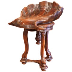 Antique 19th Century, French Hand Carved Walnut Piano Grotto Stool with Shell Motif