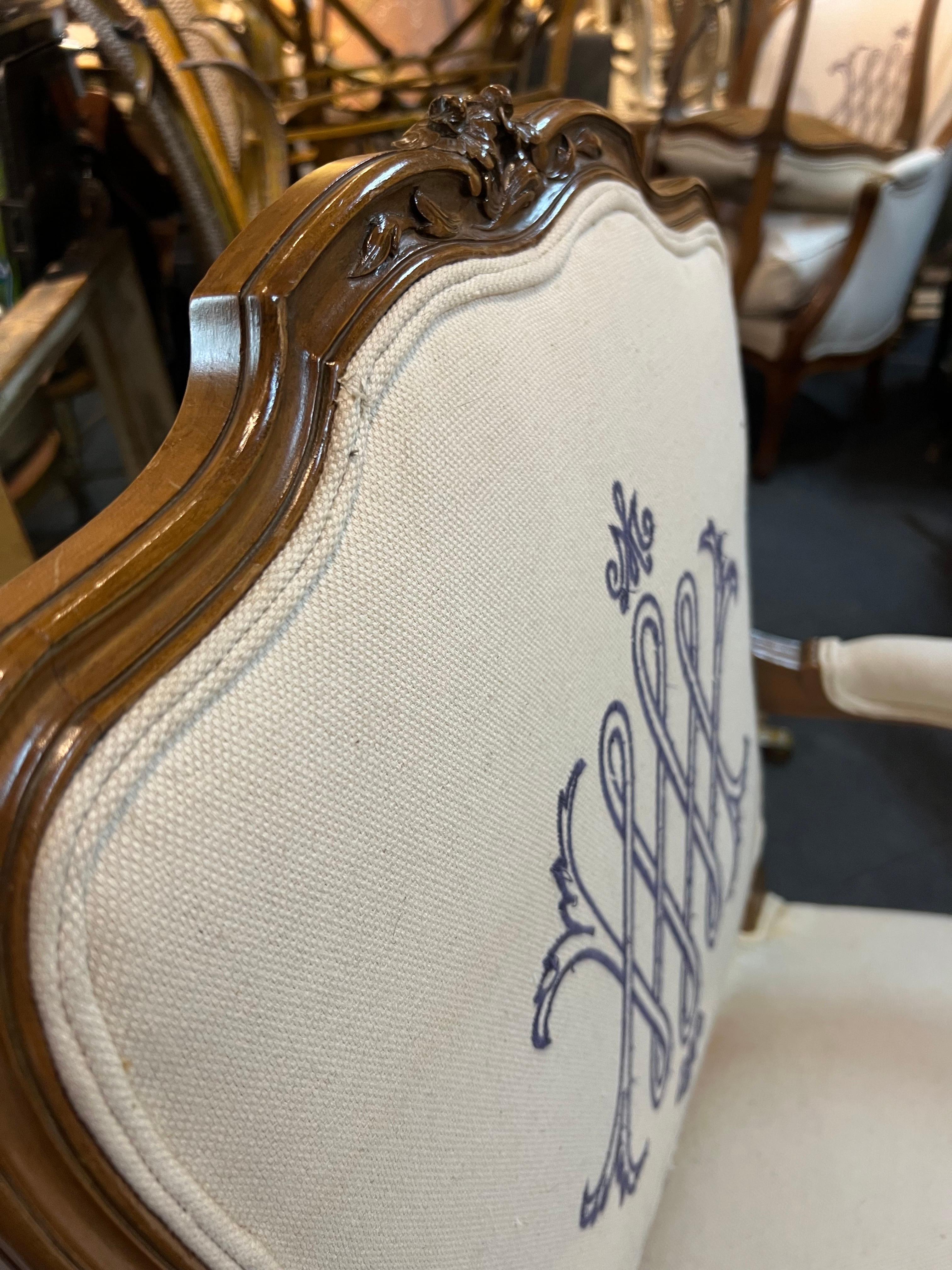 Hand-Carved 19th Century French Hand Carved Wooden Armchair with Linen Upholstery For Sale