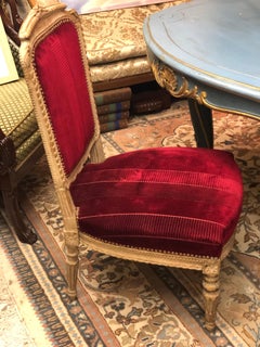 19th Century French Hand Carved Wooden Chair in Red Velvet