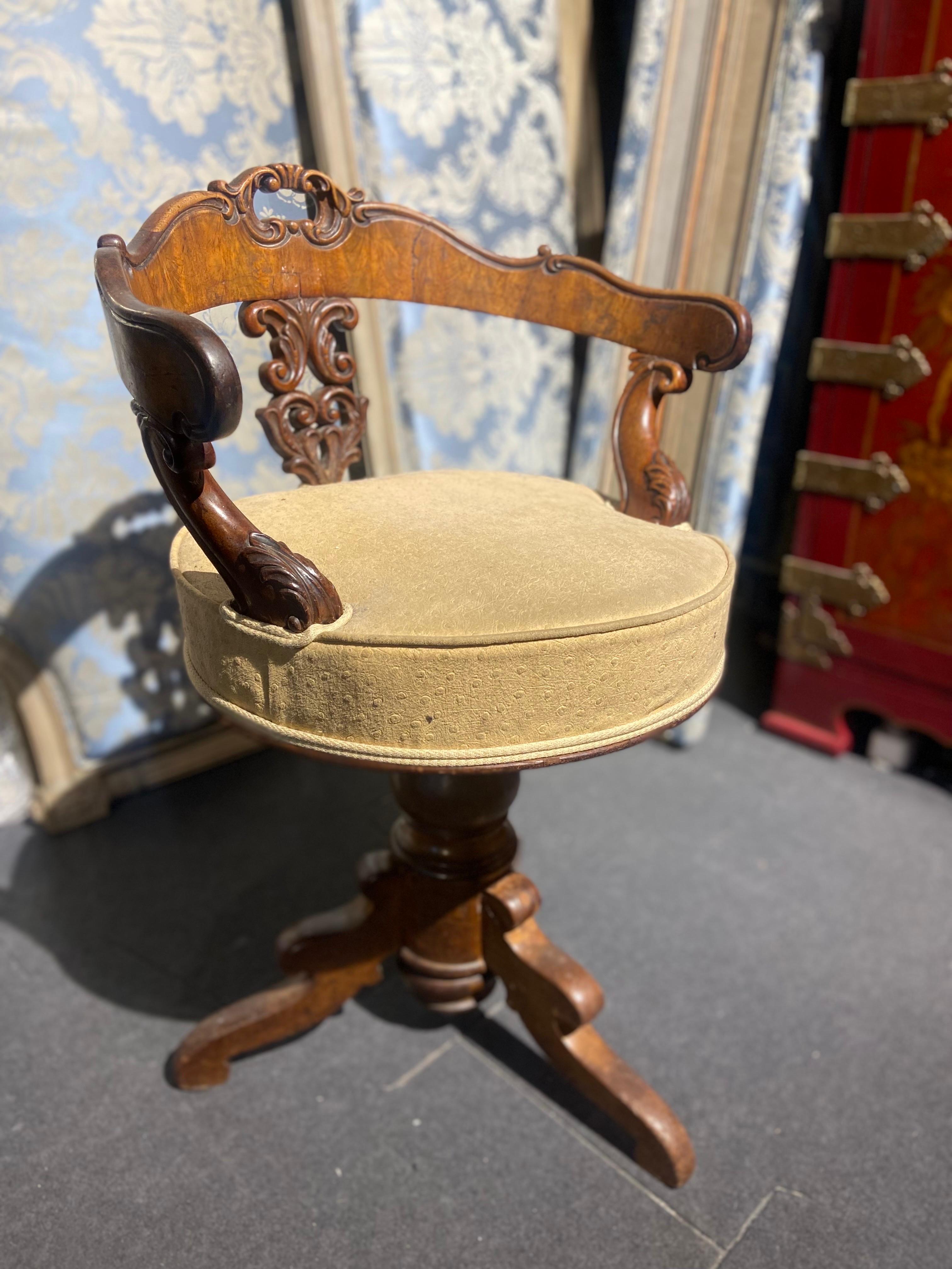 Hand-Carved 19th Century French Hand Carved Wooden Piano Swivel Chair Napoleon III Period For Sale