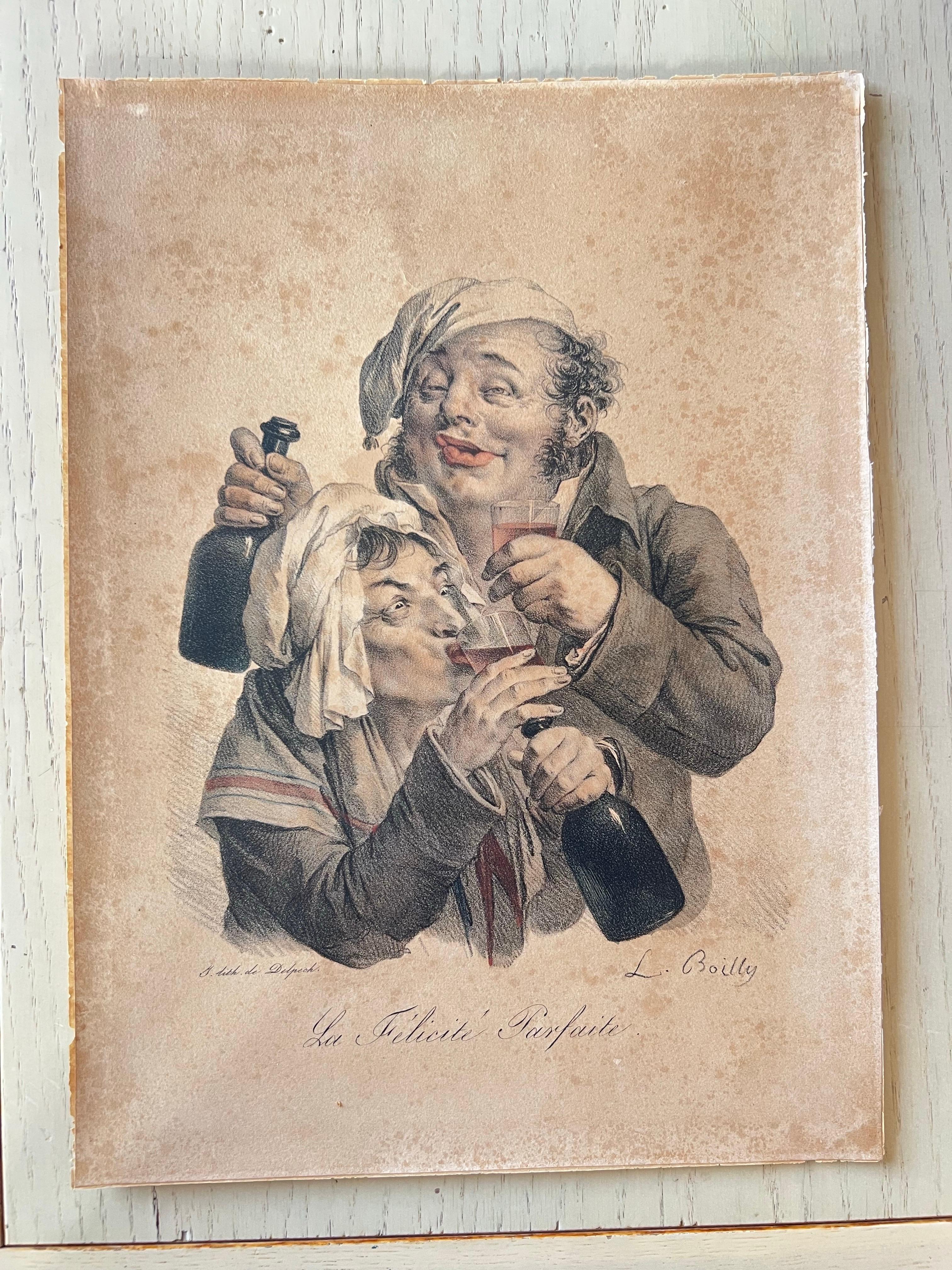 Charmante lithographie du XIXe siècle, coloriée à la main, représentant deux personnages joyeux faisant la fête avec des bouteilles et des verres de vin. Signée L. Boilly et titrée 