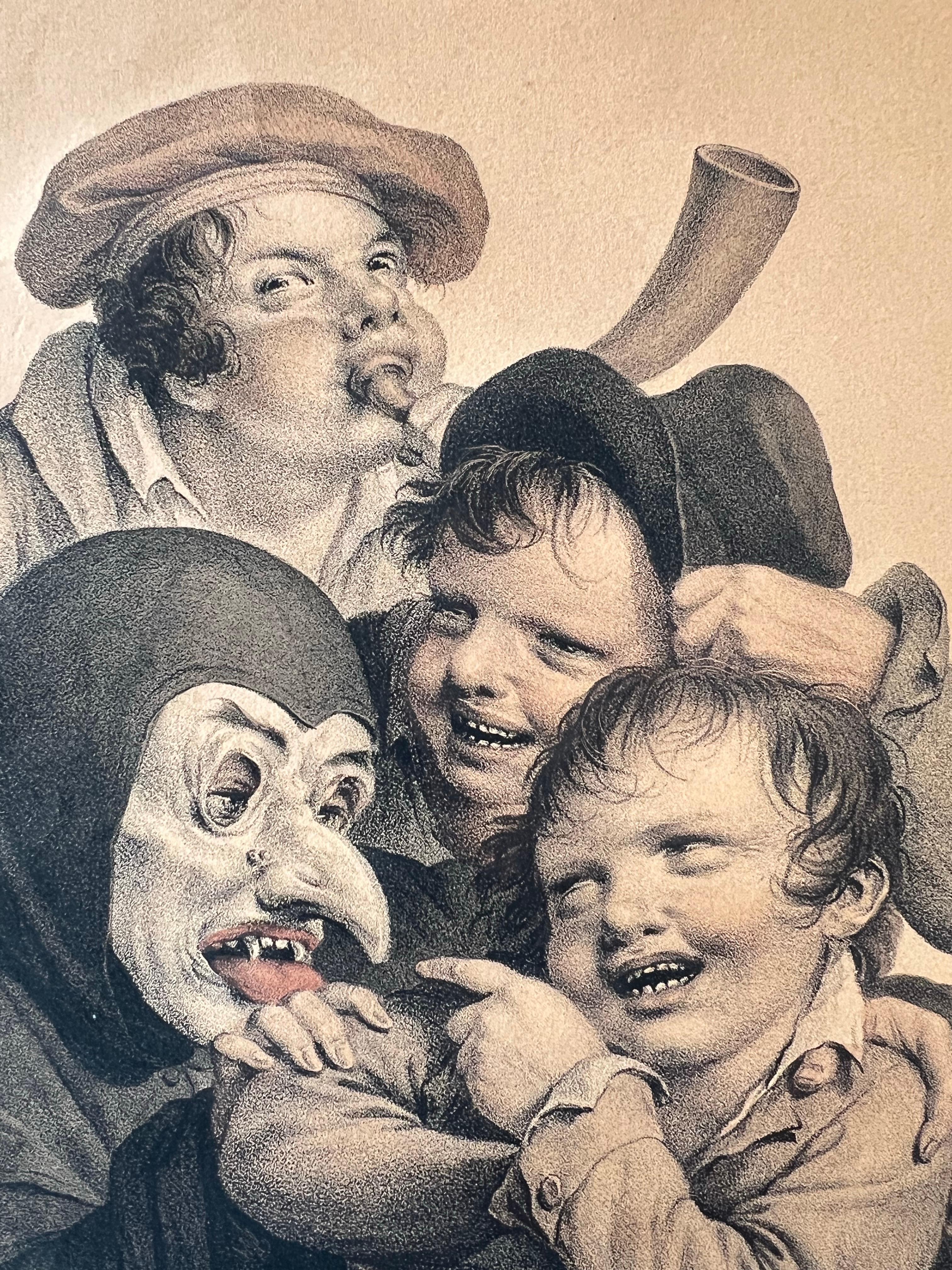 Cette charmante et expressive lithographie du XIXe siècle, coloriée à la main, représente une scène humoristique dans laquelle des enfants se moquent d'un personnage masqué au long nez exagéré. Les personnages sont magnifiquement rendus avec de fins