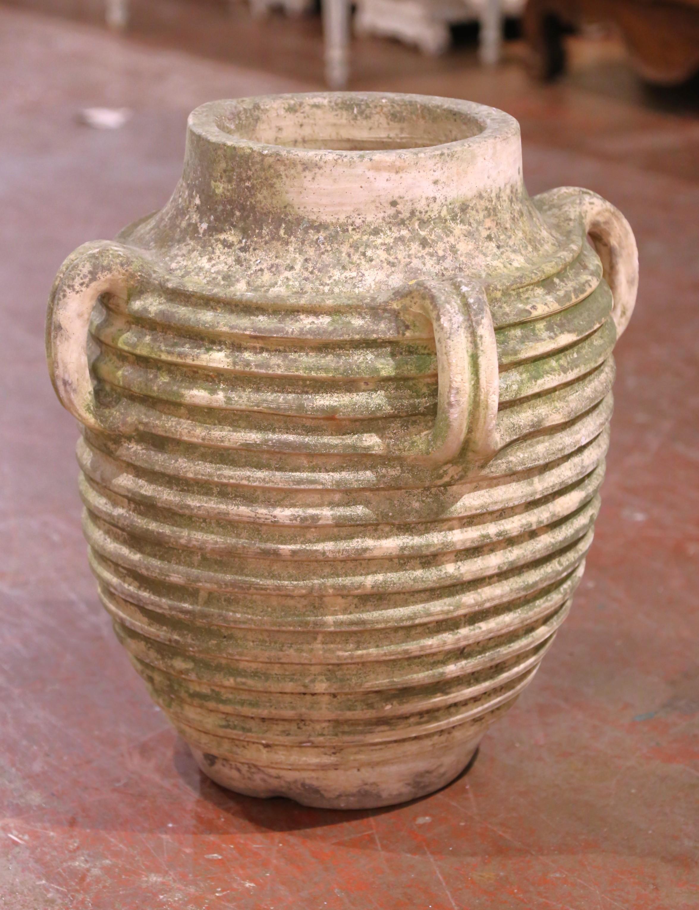 19. Jahrhundert Französisch Hand Crafted Patinated Ribbed Terracotta Olive Jar (Terrakotta) im Angebot