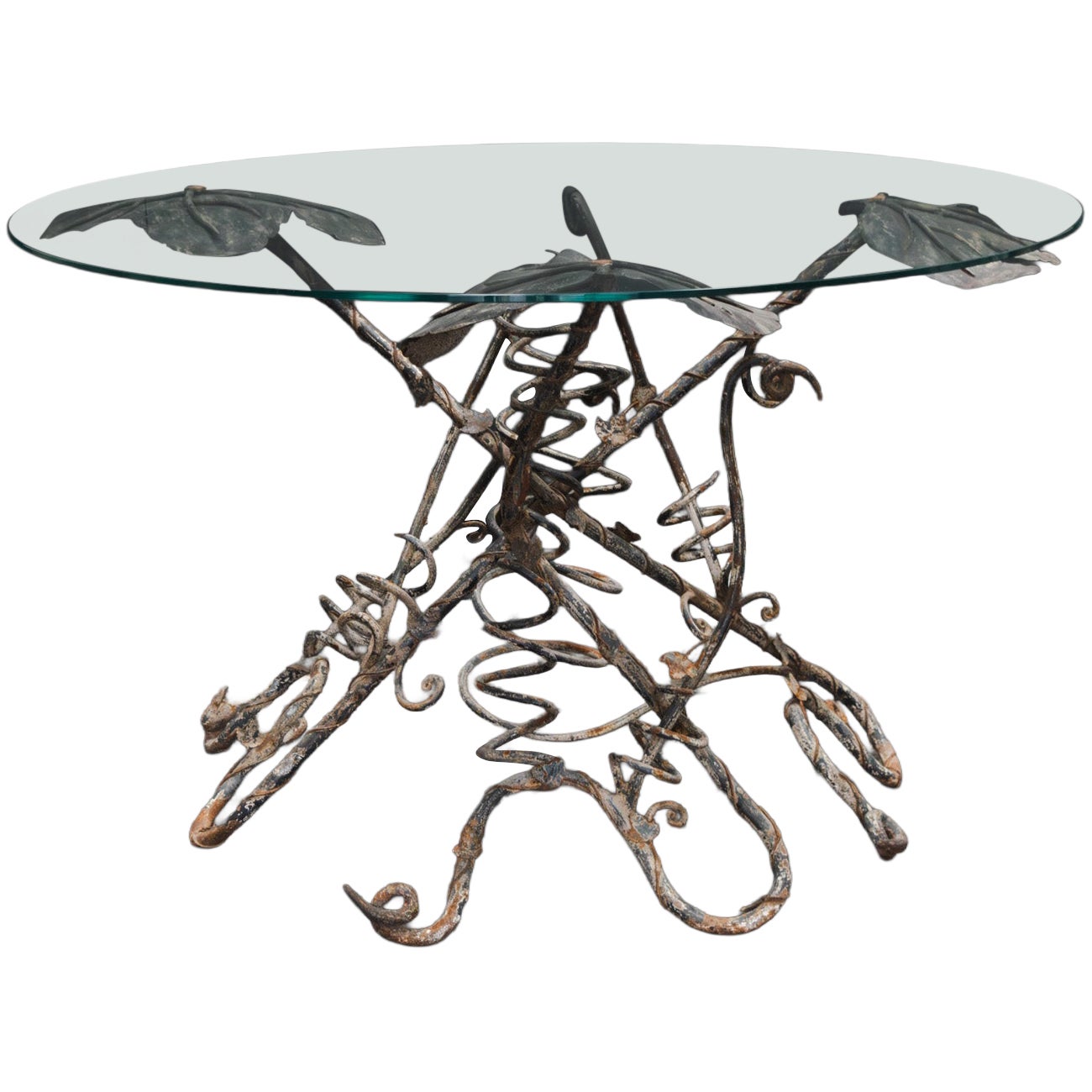 19th Century French Hand-Forged Wrought Iron Center Table with New Glass Top