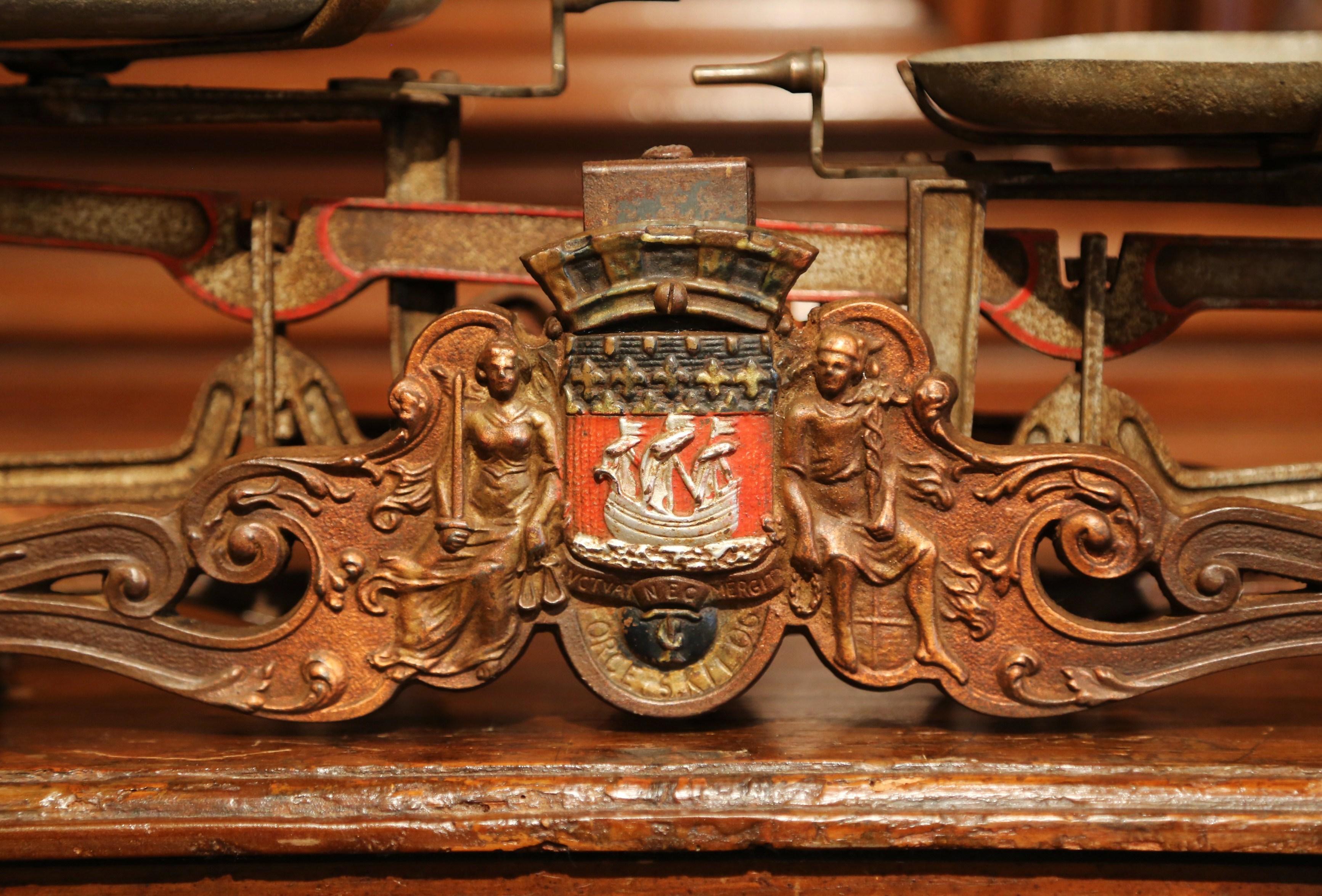 Hand-Crafted 19th Century French Hand Painted and Gilt Iron Scale with Paris Coat of Arms For Sale