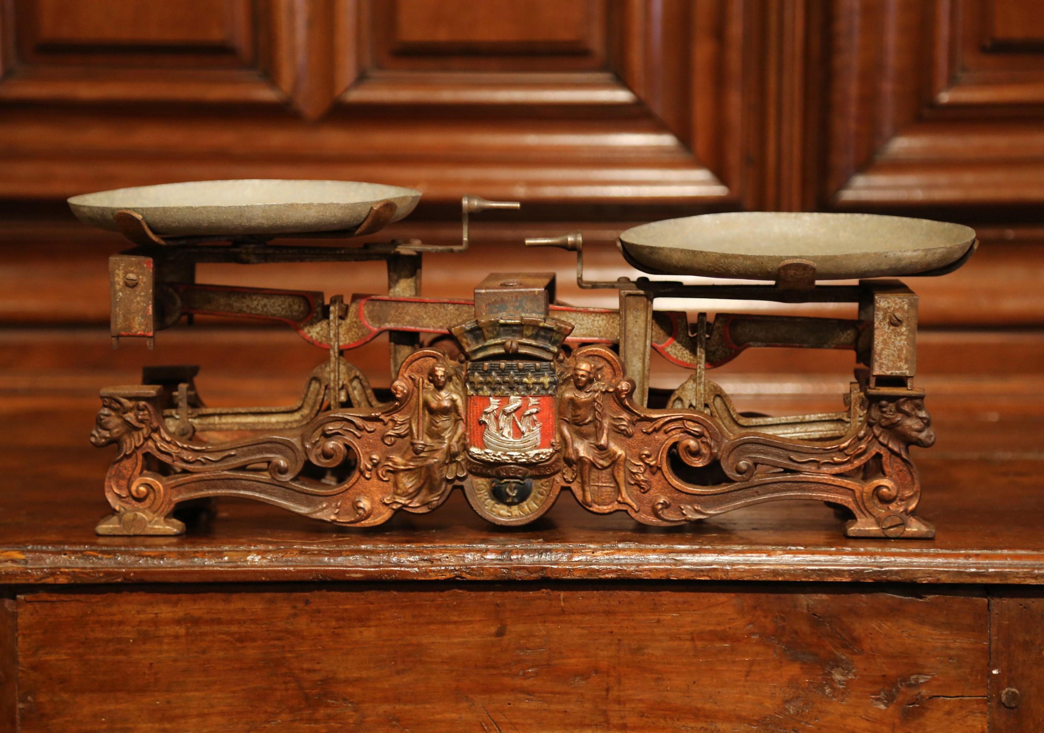 Hand-Crafted 19th Century French Hand Painted and Gilt Iron Scale with Paris Coat of Arms For Sale