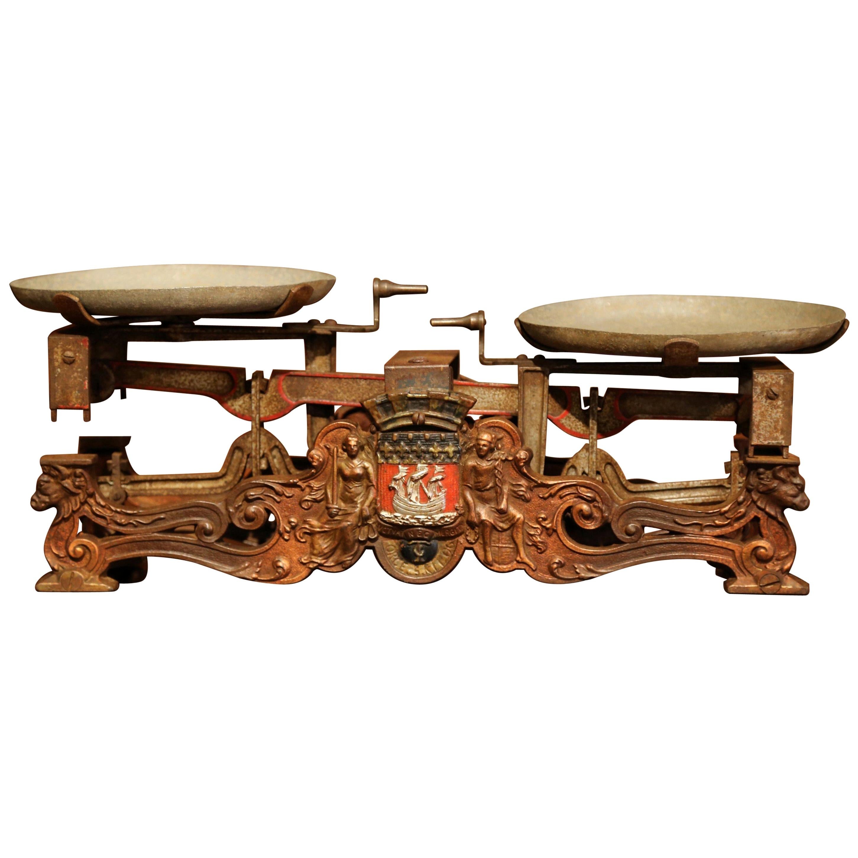 19th Century French Polished Iron Scale with Complete Set of Weights