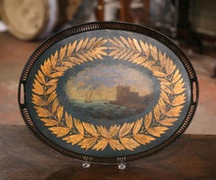 19th Century French Hand Painted and Gilt Oval Tole Tray with Harbor Scene