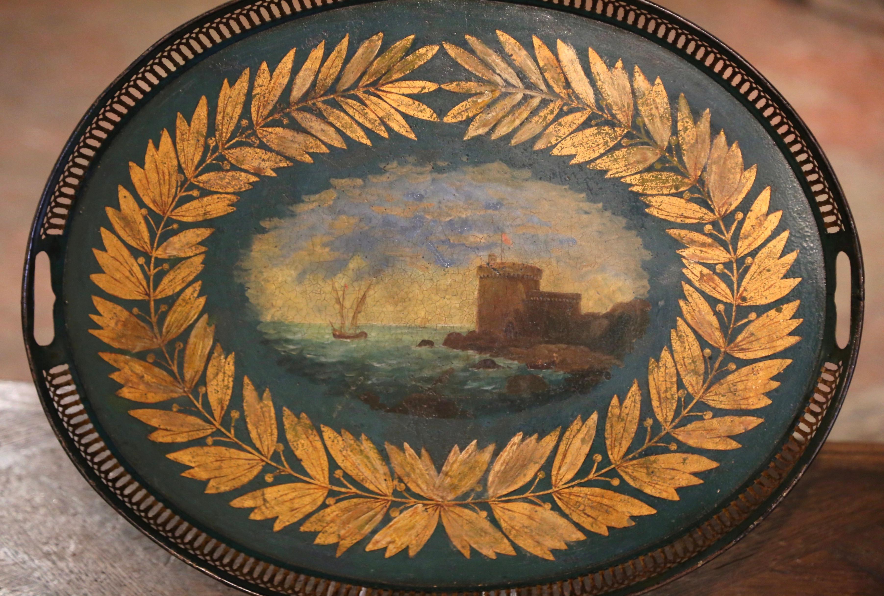 Neoclassical 19th Century French Hand Painted and Gilt Oval Tole Tray with Harbor Scene