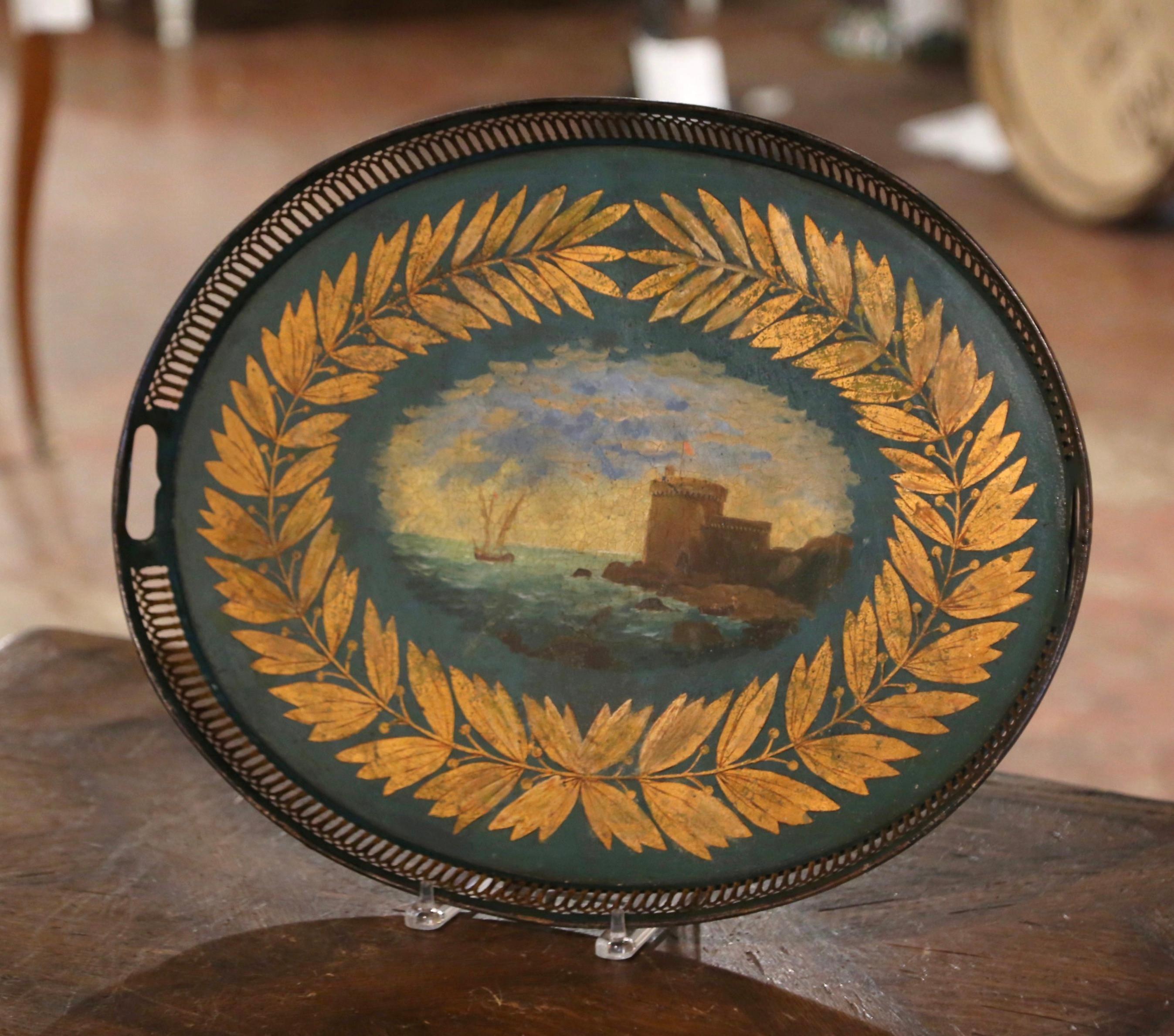 19th Century French Hand Painted and Gilt Oval Tole Tray with Harbor Scene In Excellent Condition In Dallas, TX