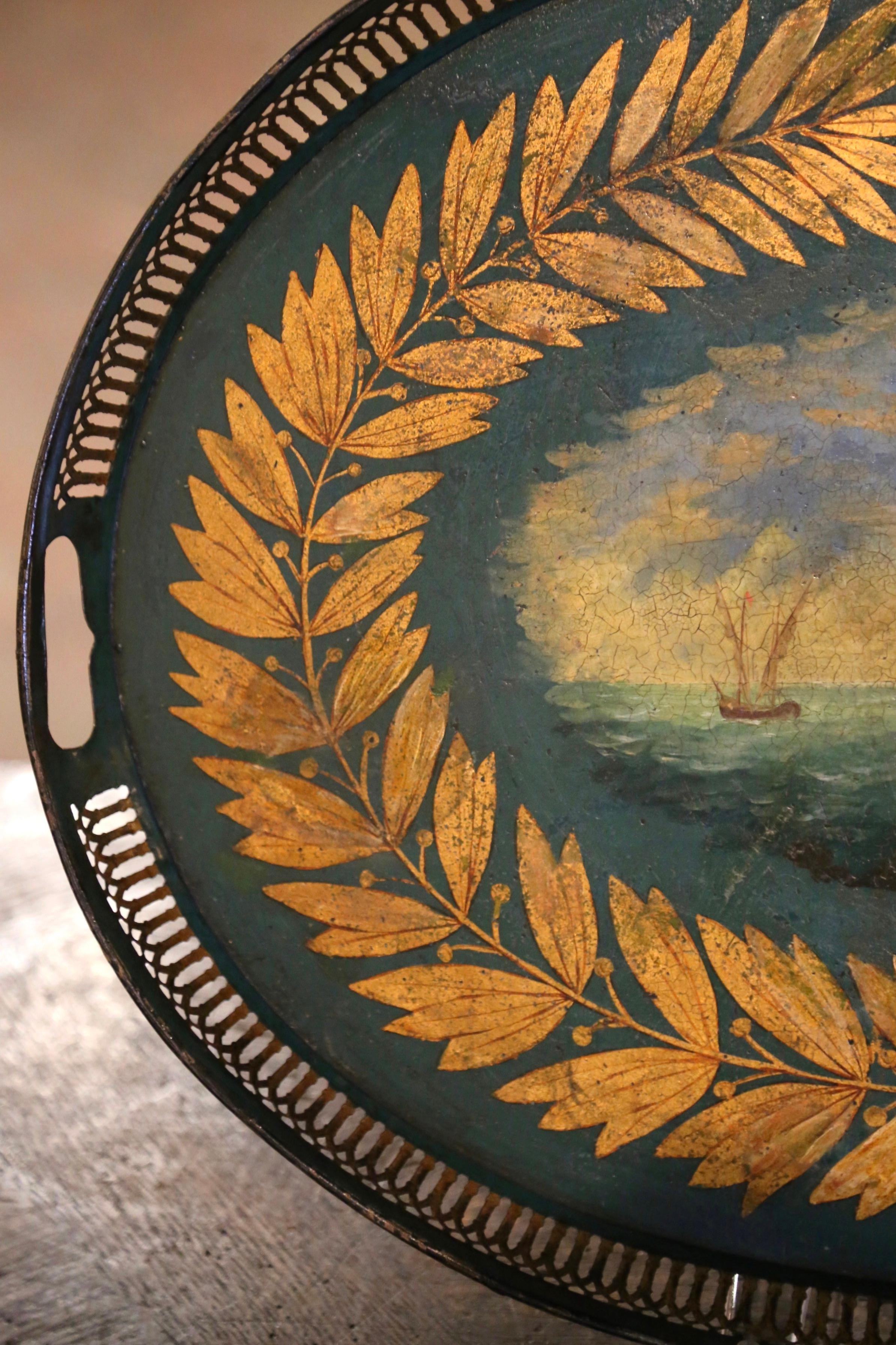 Tôle 19th Century French Hand Painted and Gilt Oval Tole Tray with Harbor Scene