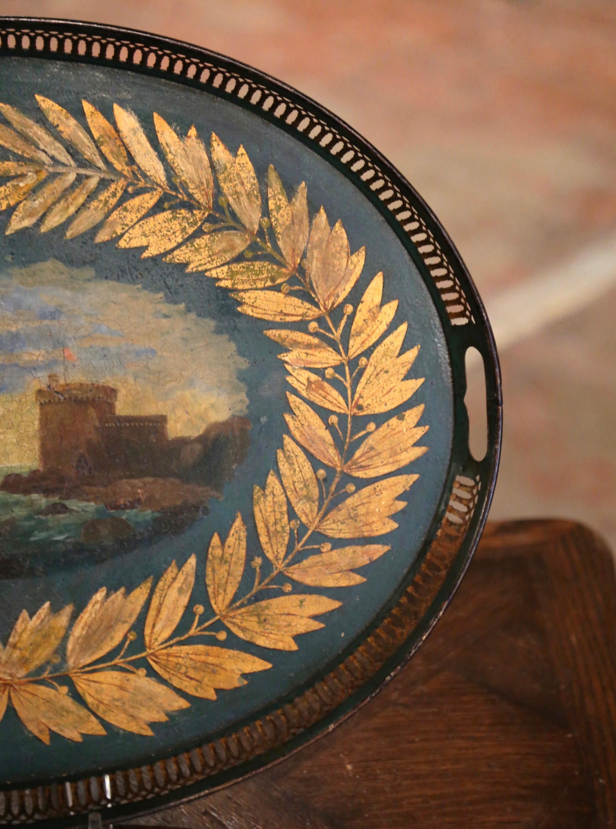 19th Century French Hand Painted and Gilt Oval Tole Tray with Harbor Scene 1