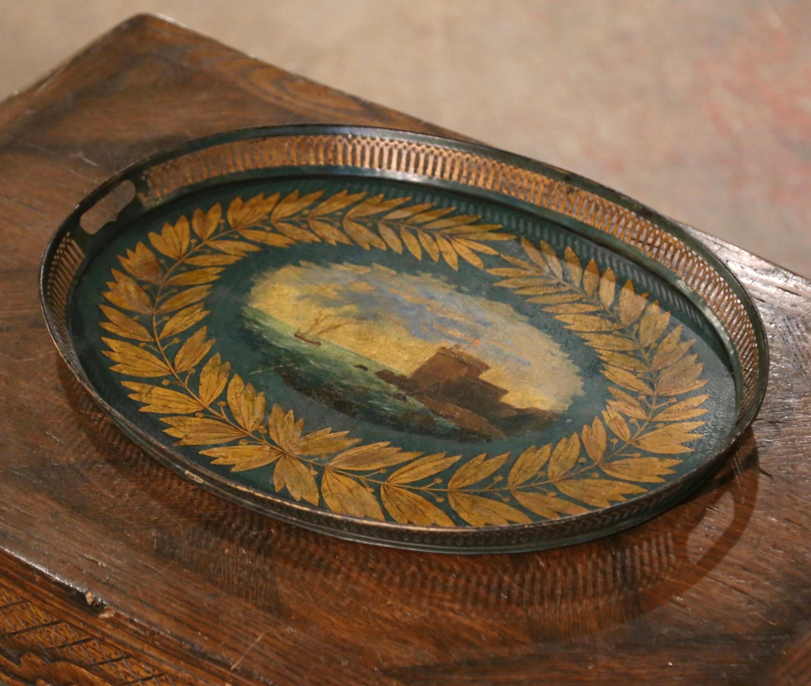 19th Century French Hand Painted and Gilt Oval Tole Tray with Harbor Scene 2