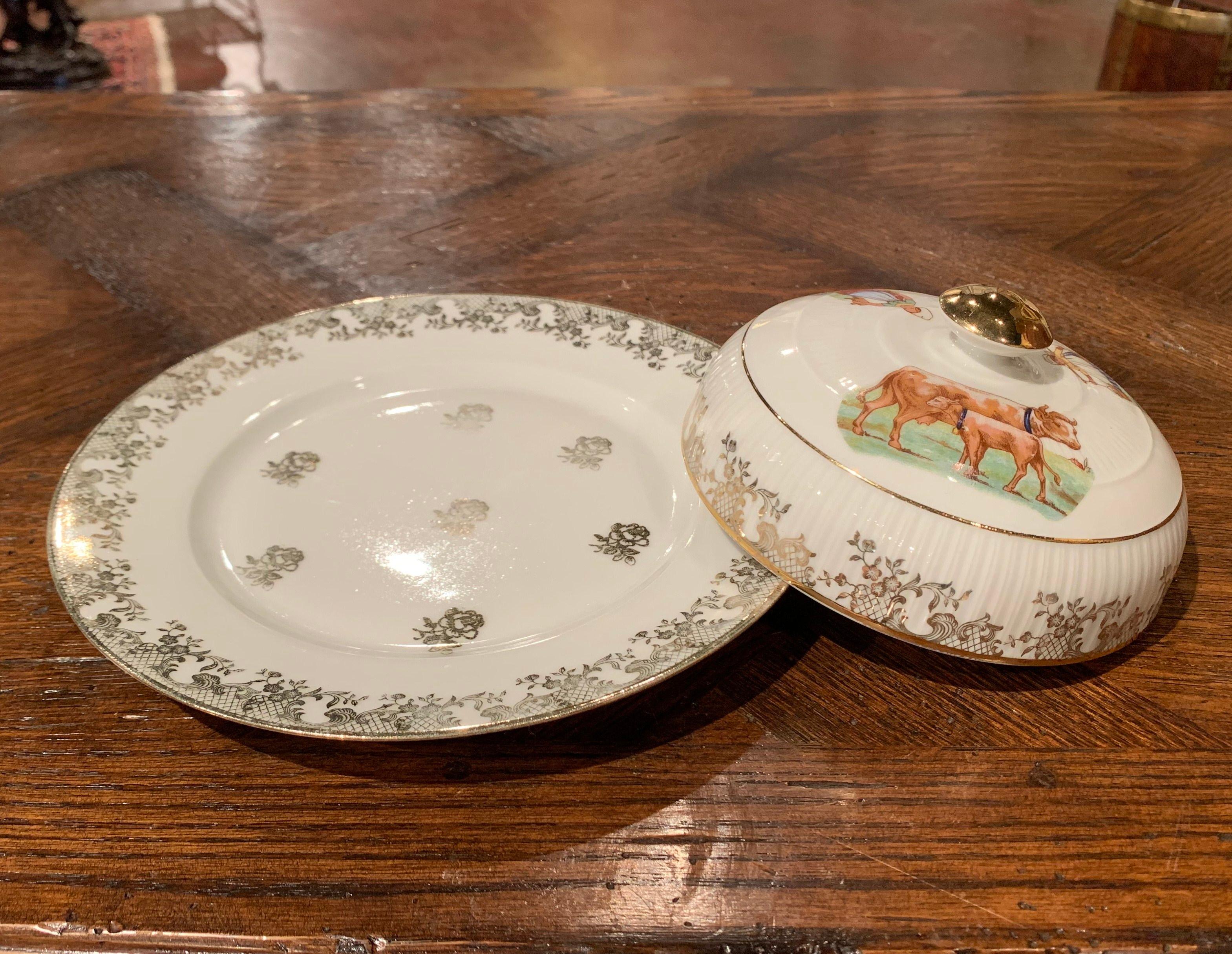 19th Century French Hand Painted and Gilt Porcelain Butter Dish from Limoges In Excellent Condition In Dallas, TX