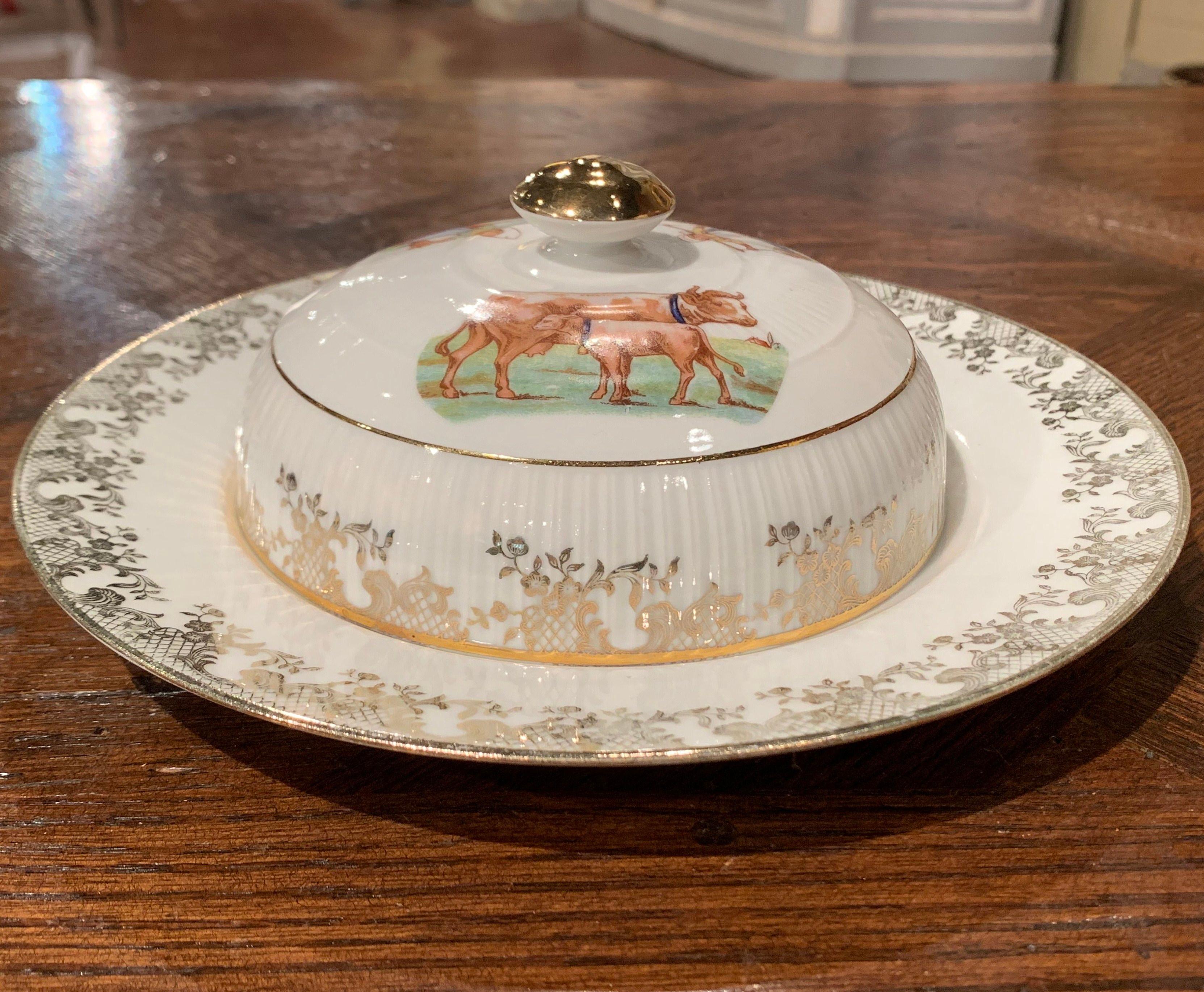 19th Century French Hand Painted and Gilt Porcelain Butter Dish from Limoges 1
