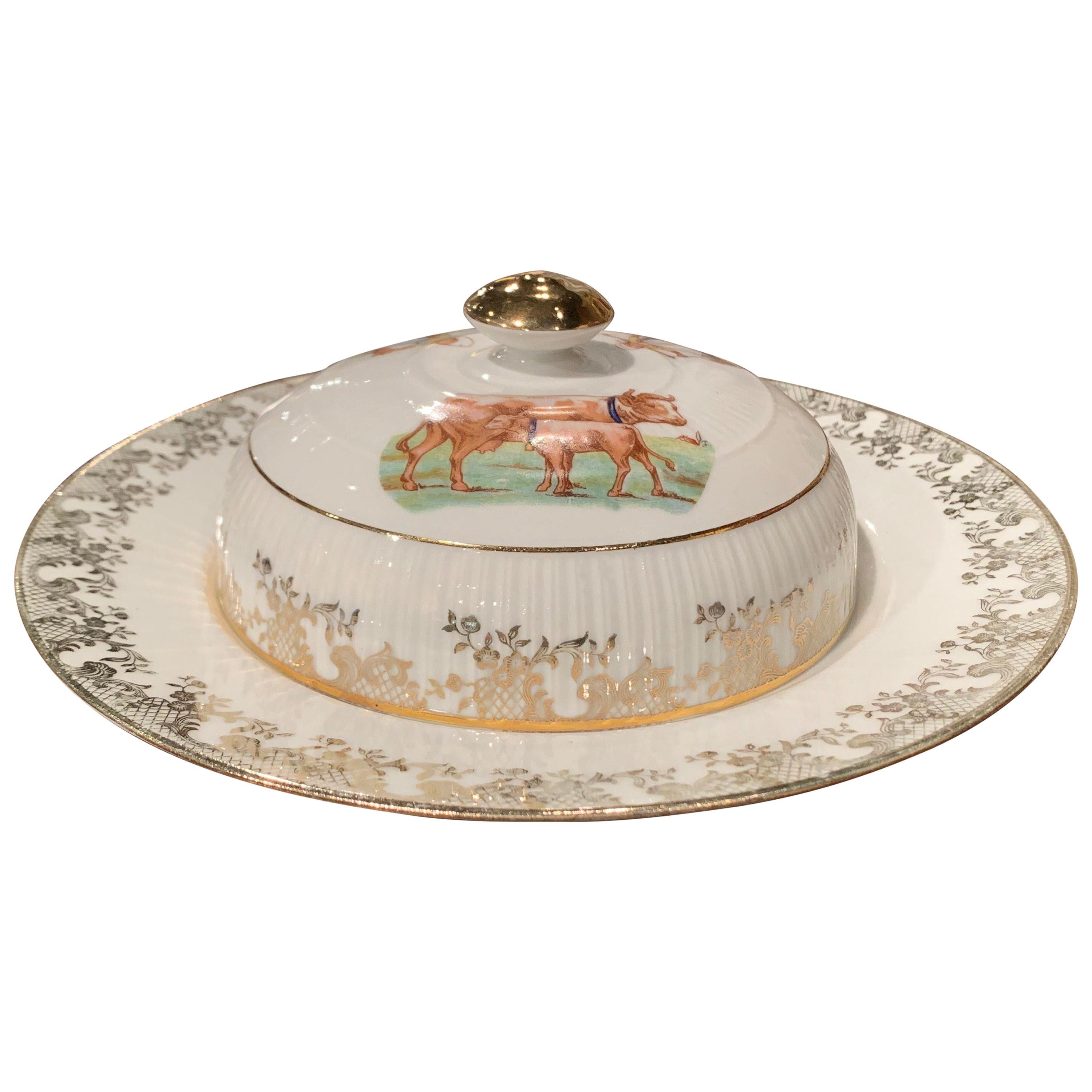 19th Century French Hand Painted and Gilt Porcelain Butter Dish from Limoges