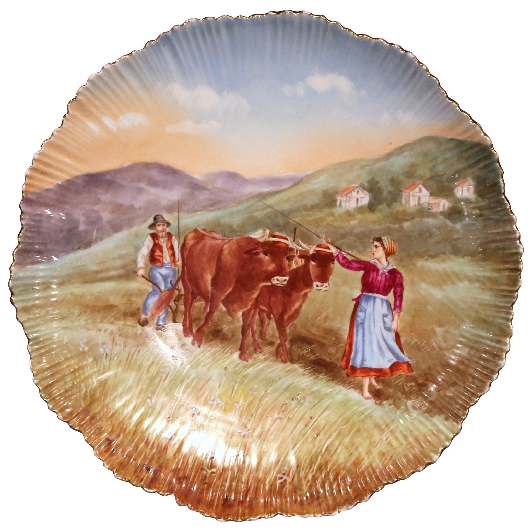 19th Century French Hand Painted and Gilt Porcelain Wall Platter with Cows