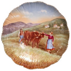 19th Century French Hand Painted and Gilt Porcelain Wall Platter with Cows