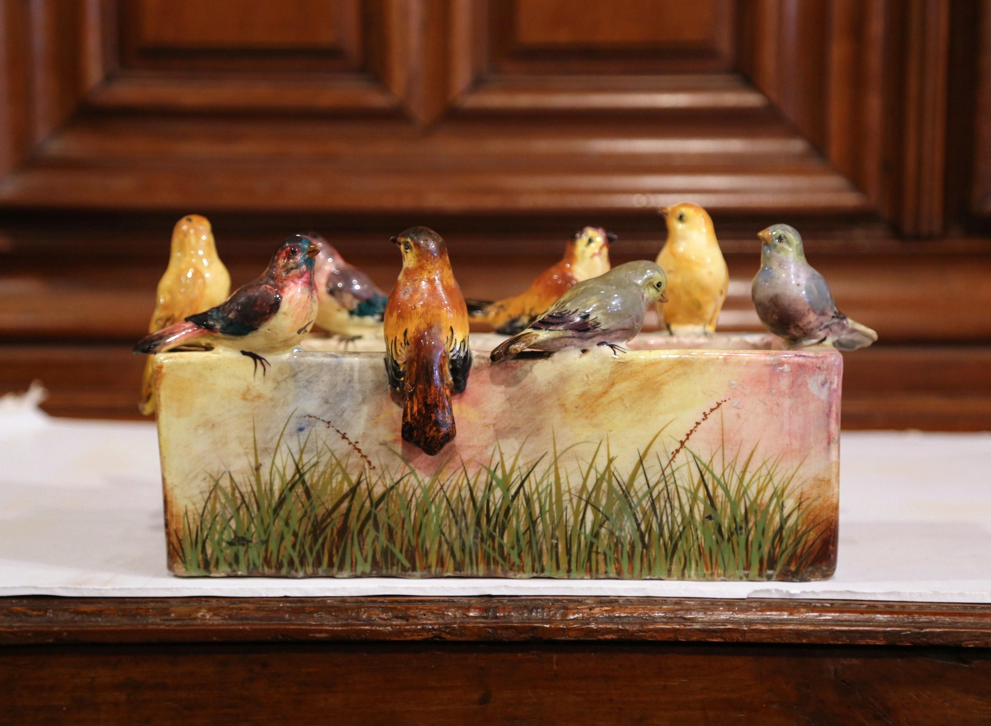 Hand-Crafted 19th Century French Hand-Painted Barbotine Bird Jardiniere Attributed to Massier