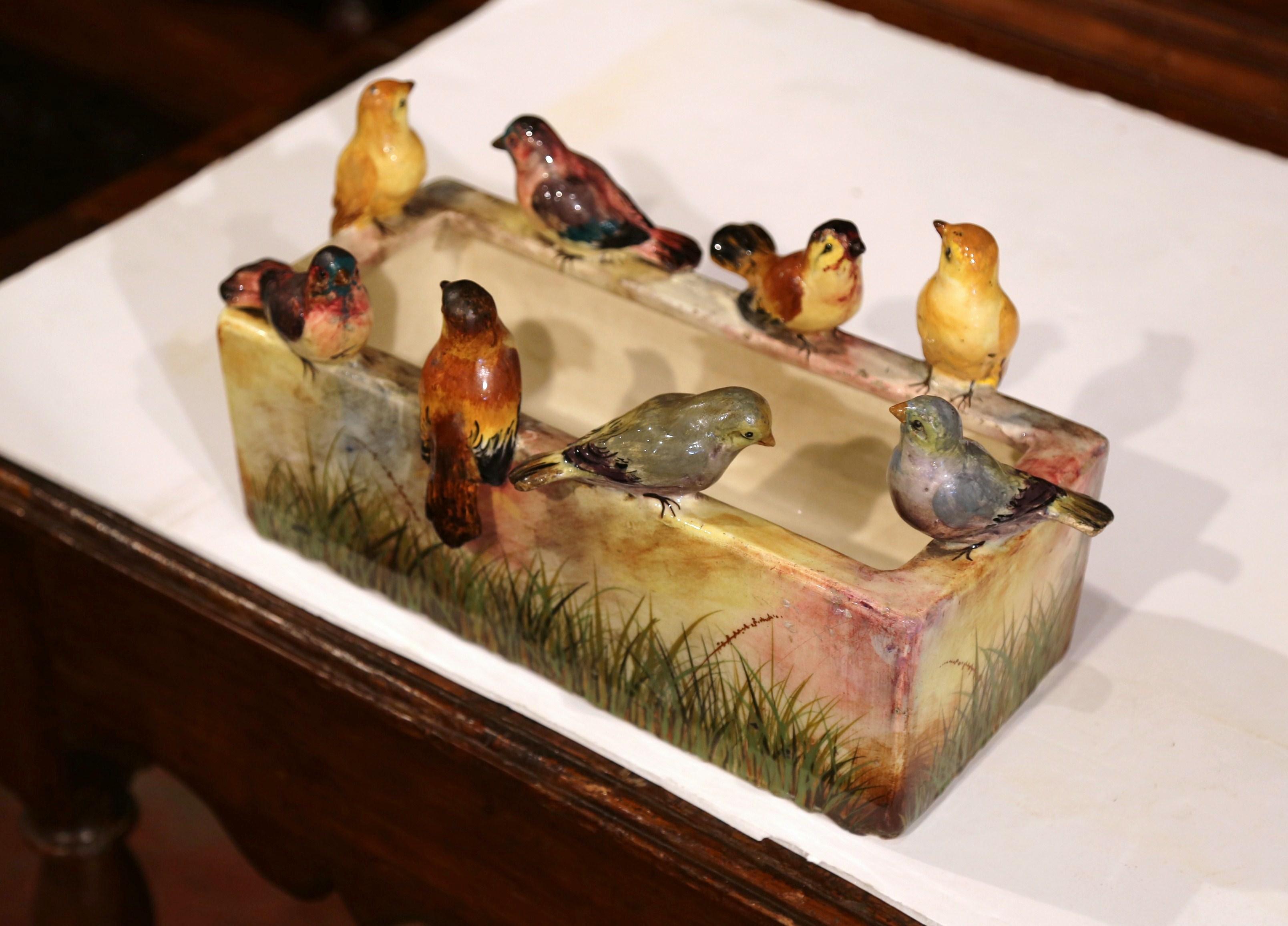 19th Century French Hand-Painted Barbotine Bird Jardiniere Attributed to Massier In Excellent Condition In Dallas, TX