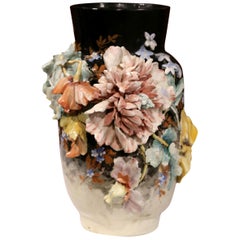 19th Century French Hand Painted Barbotine Ceramic Floral Vase from Montigny