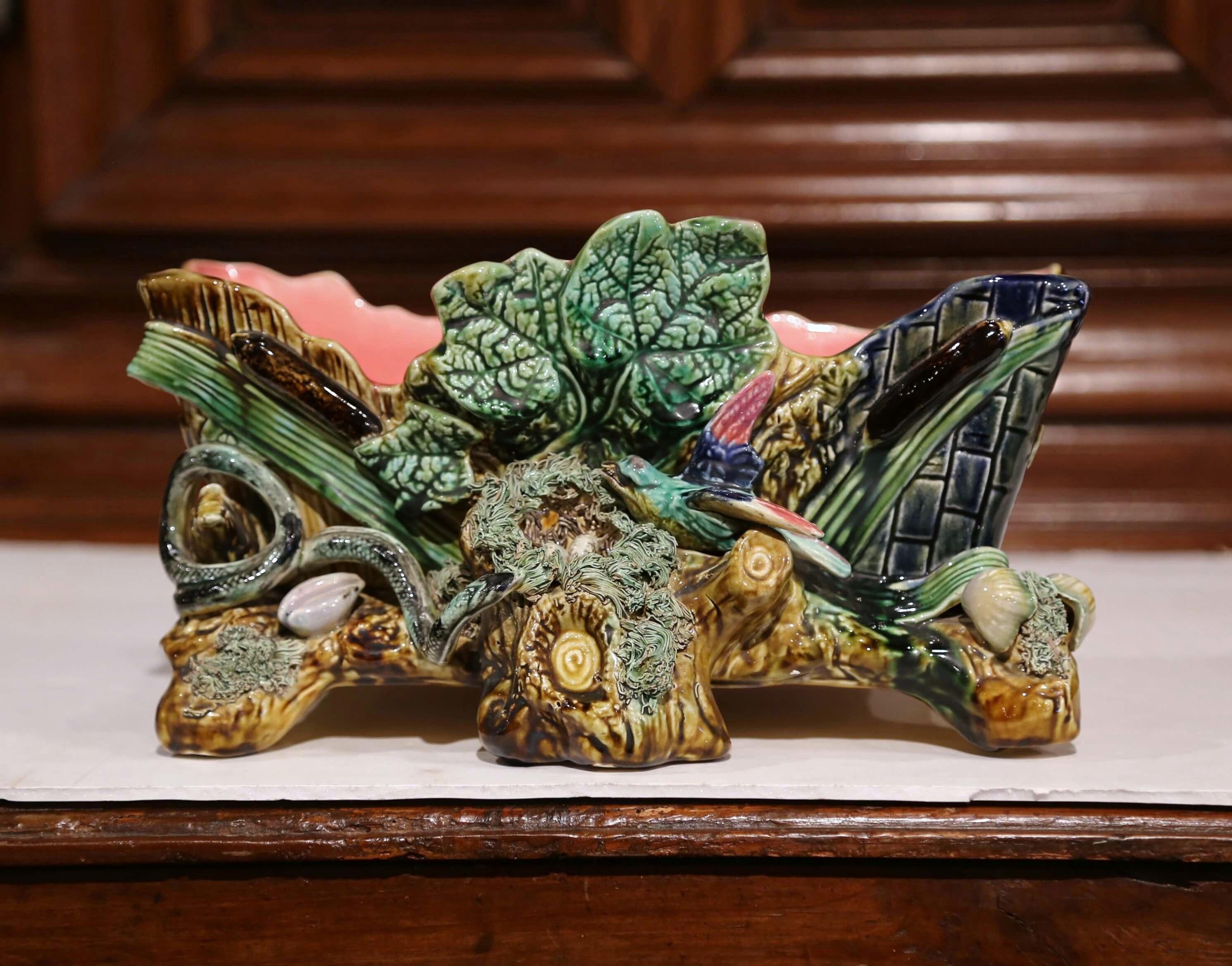 Decorate a table or console with this elegant antique majolica planter. Sculpted in Orchies, Northern France, circa 1890 and is attributed to Joseph L'hermine-Declercq (see picture #9 and 10 from the book: 