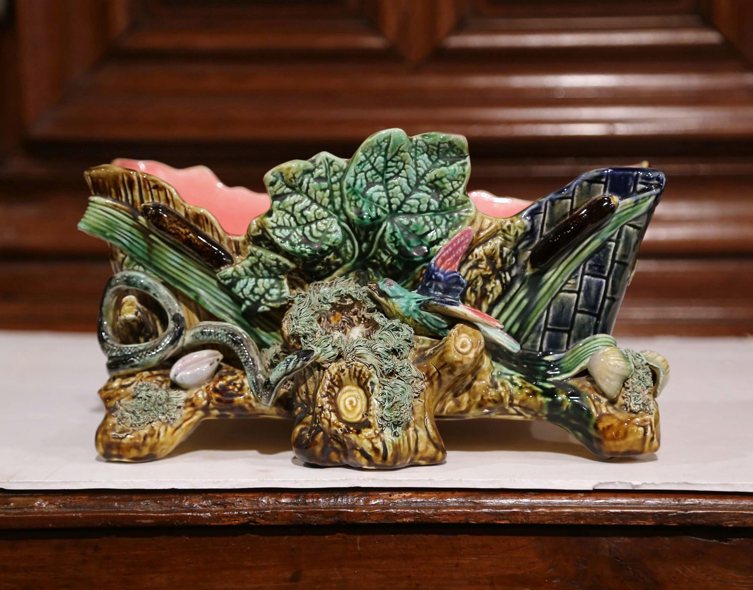 Decorate a table or console with this elegant antique majolica planter. Sculpted in Orchies, Northern France, circa 1890 and is attributed to Joseph L'hermine-Declercq (see picture #9 and 10 from the book: 