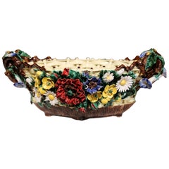 19th Century French Hand Painted Barbotine Ceramic Jardinière with Floral Decor
