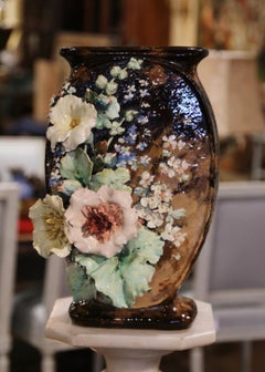 19th Century French Montigny-sur-Loing Barbotine Vase with Floral Reliefs