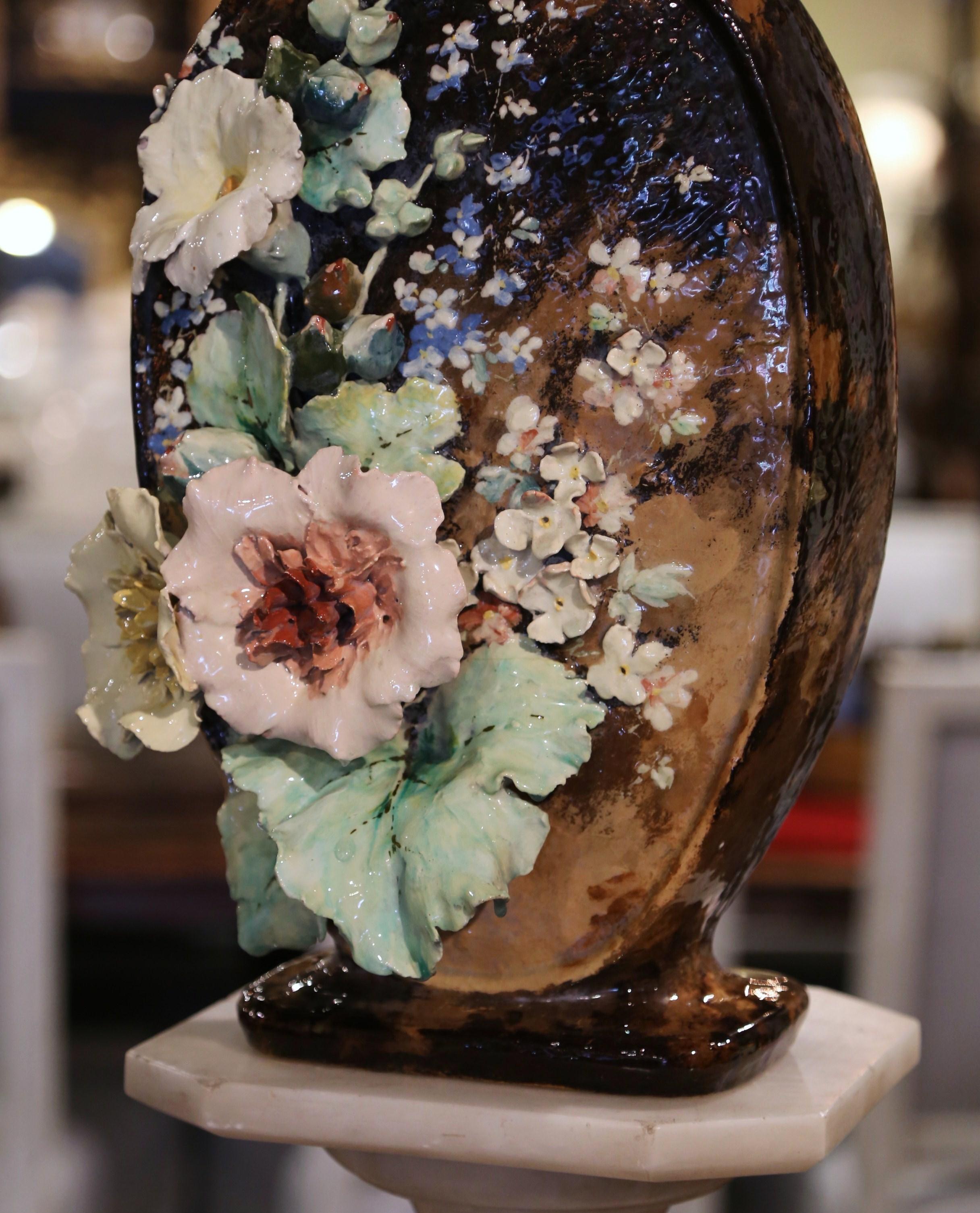 Hand-Crafted 19th Century, French, Hand Painted Barbotine Faience Floral Vase from Montigny  For Sale