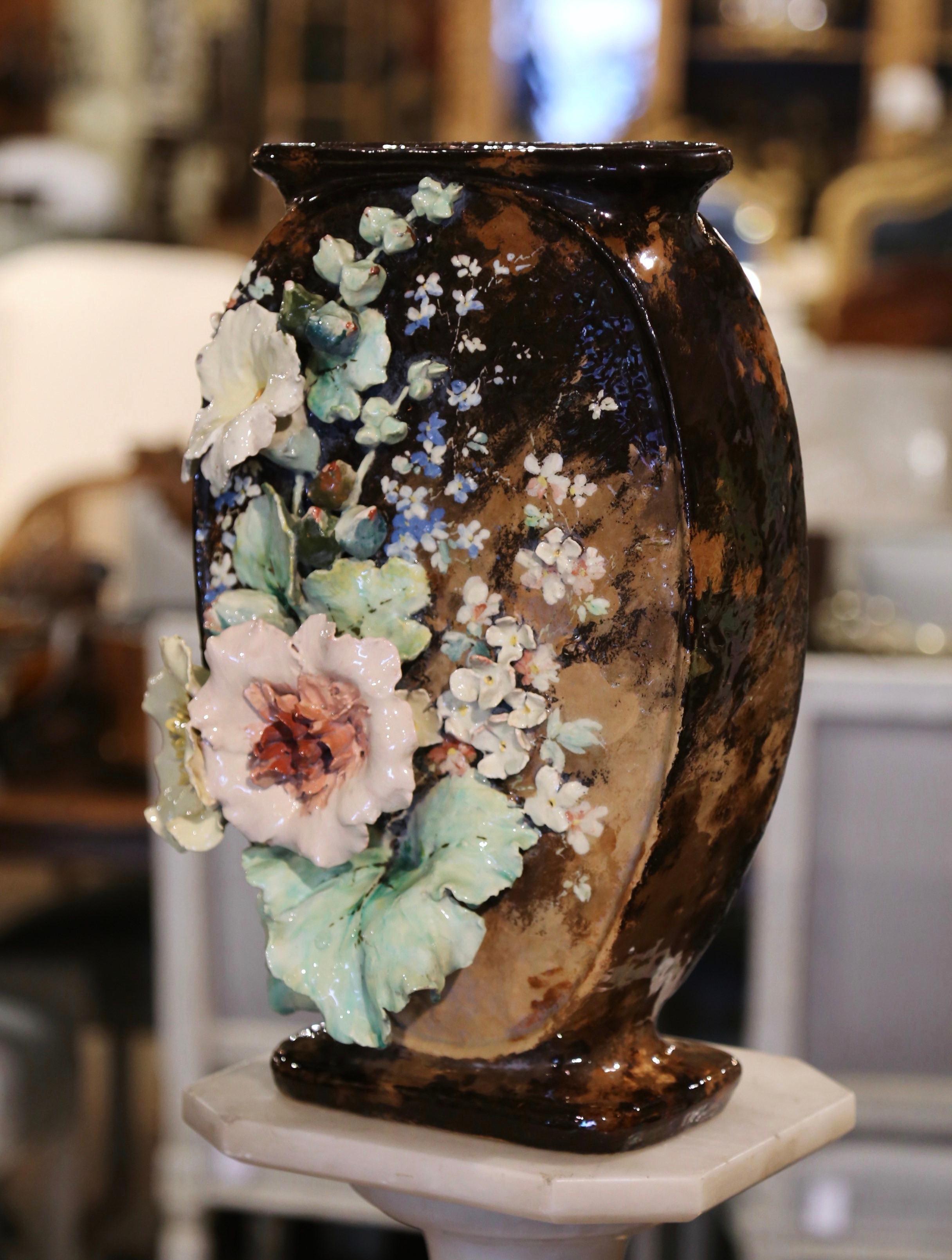 19th Century, French, Hand Painted Barbotine Faience Floral Vase from Montigny  In Excellent Condition For Sale In Dallas, TX