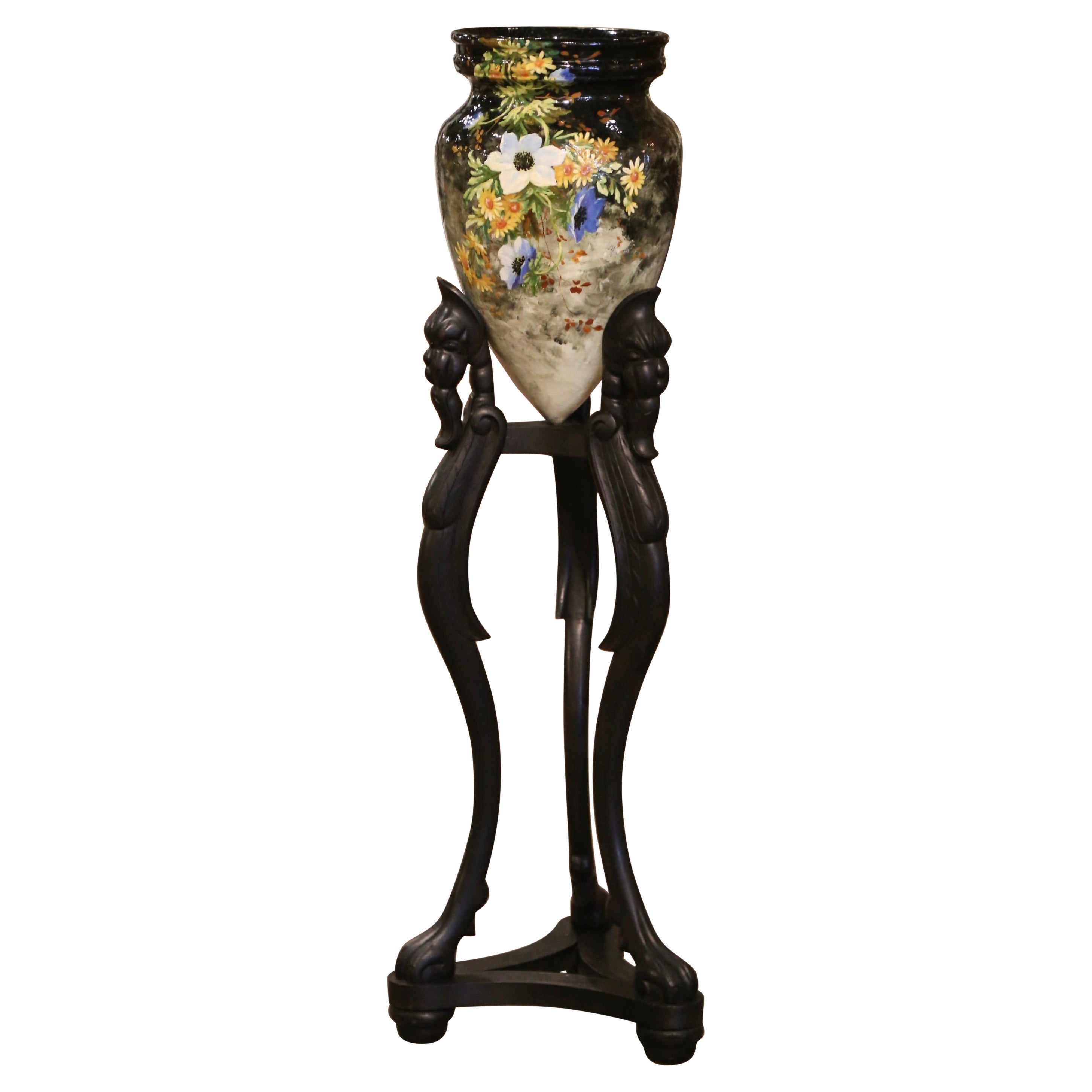 19th Century French Hand Painted Barbotine Faience Vase on Stand from Montigny For Sale