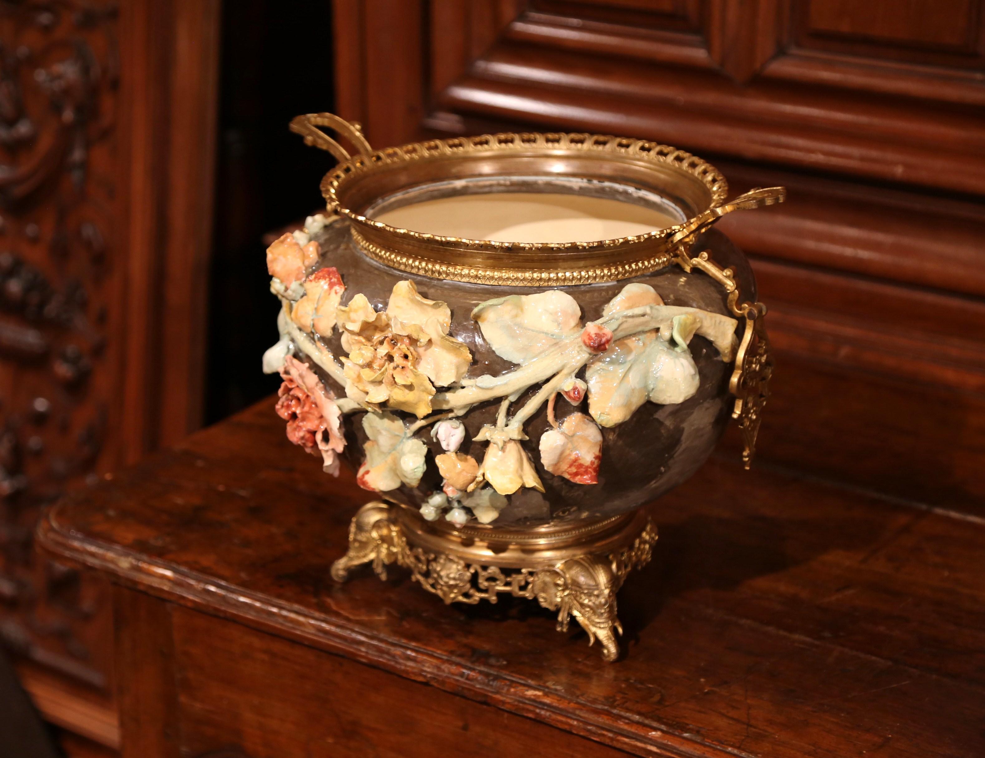 Gilt 19th Century French Hand-Painted Barbotine Flower Cache Pot with Bronze Mounts