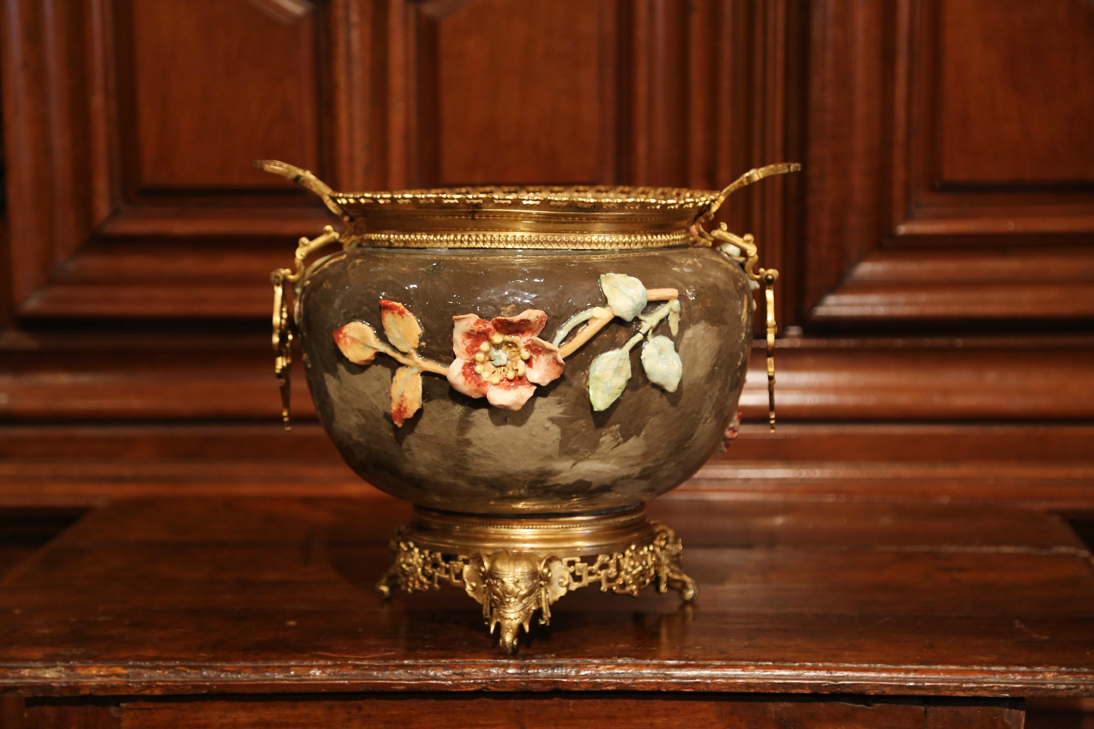 19th Century French Hand-Painted Barbotine Flower Cache Pot with Bronze Mounts In Excellent Condition In Dallas, TX