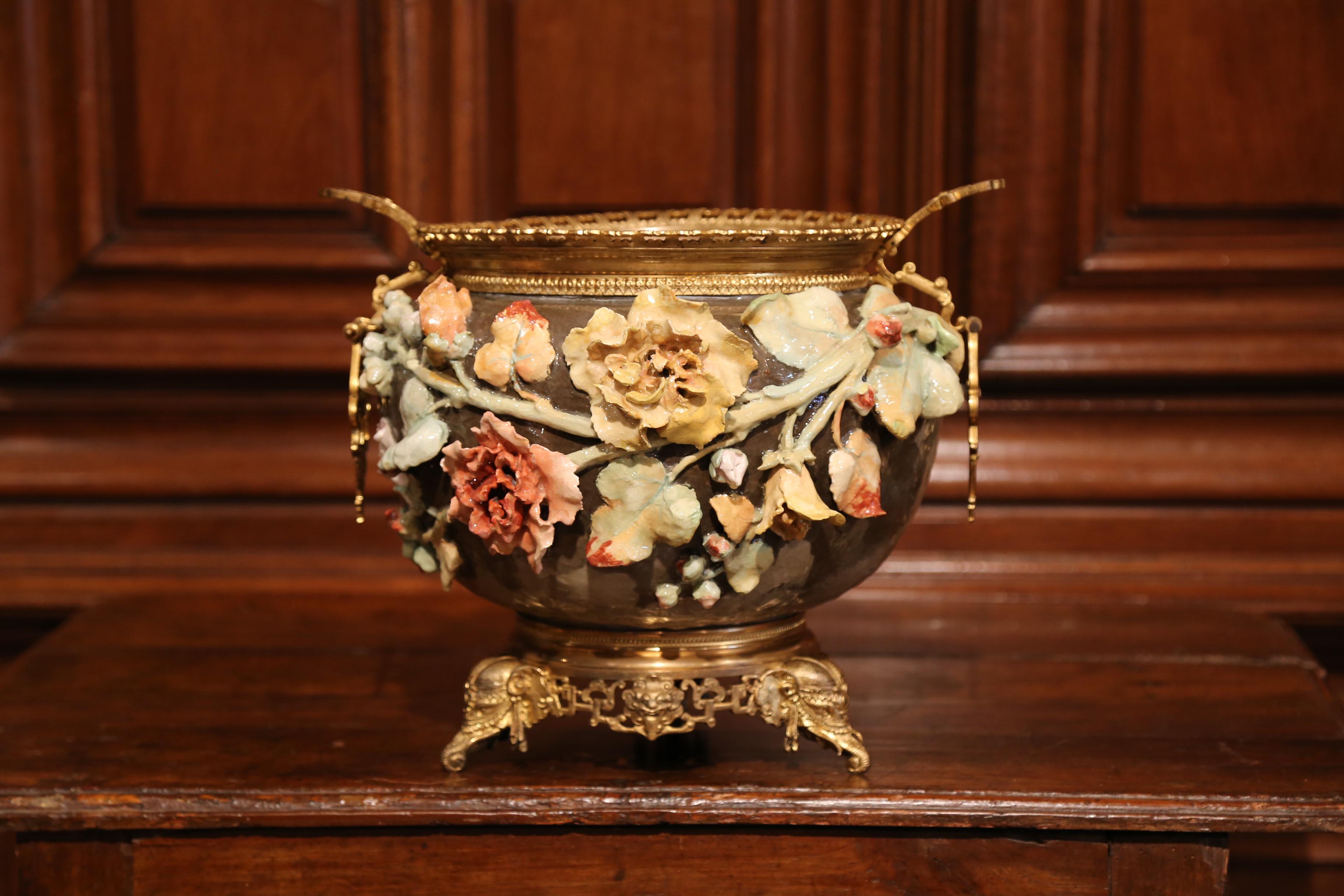 19th Century French Hand-Painted Barbotine Flower Cache Pot with Bronze Mounts 1