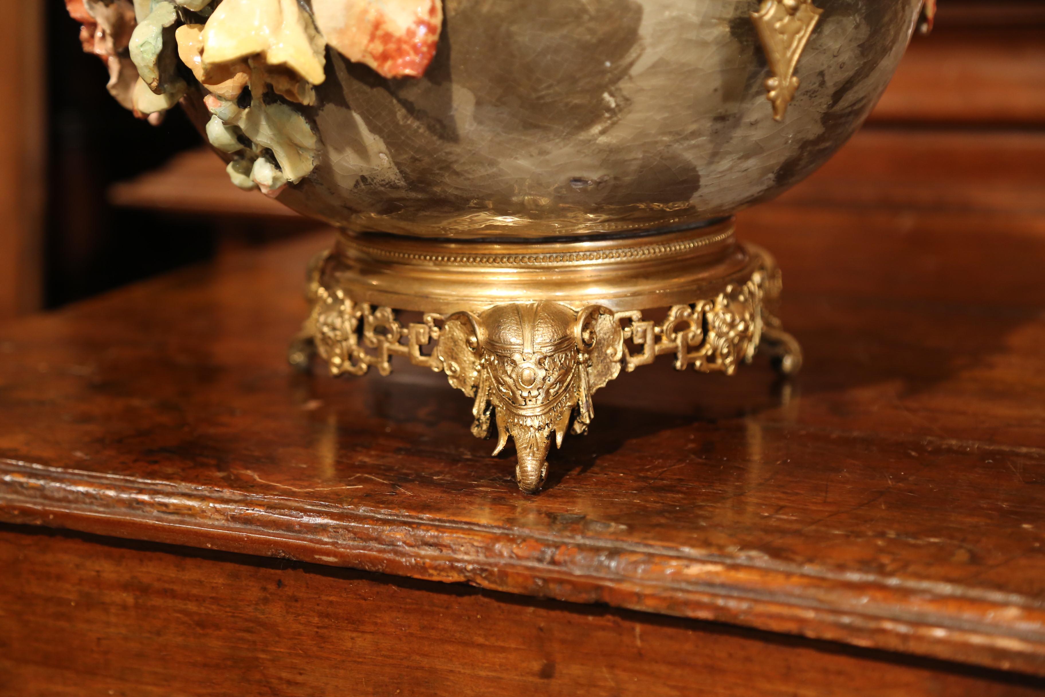 19th Century French Hand-Painted Barbotine Flower Cache Pot with Bronze Mounts 2