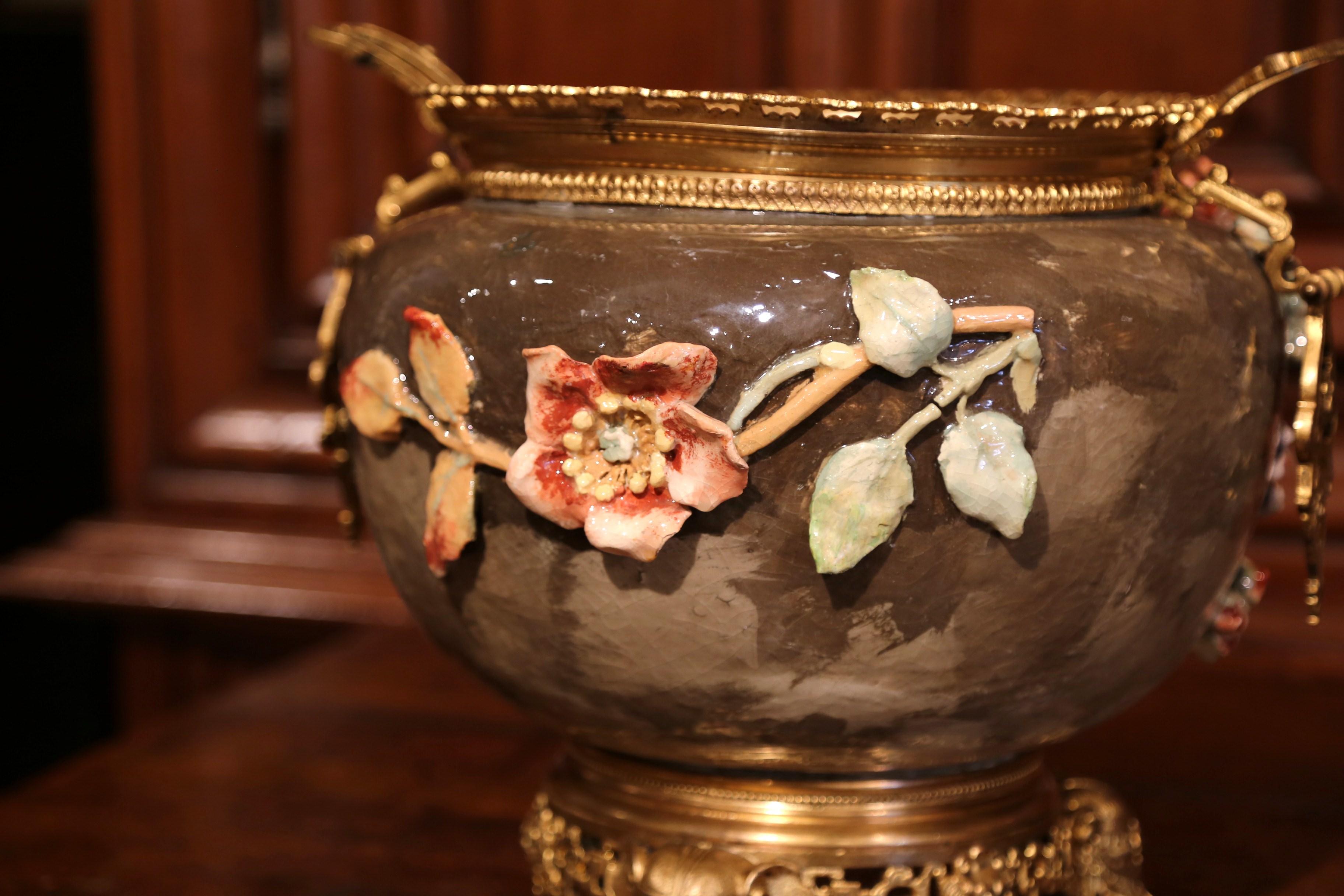 19th Century French Hand-Painted Barbotine Flower Cache Pot with Bronze Mounts 4